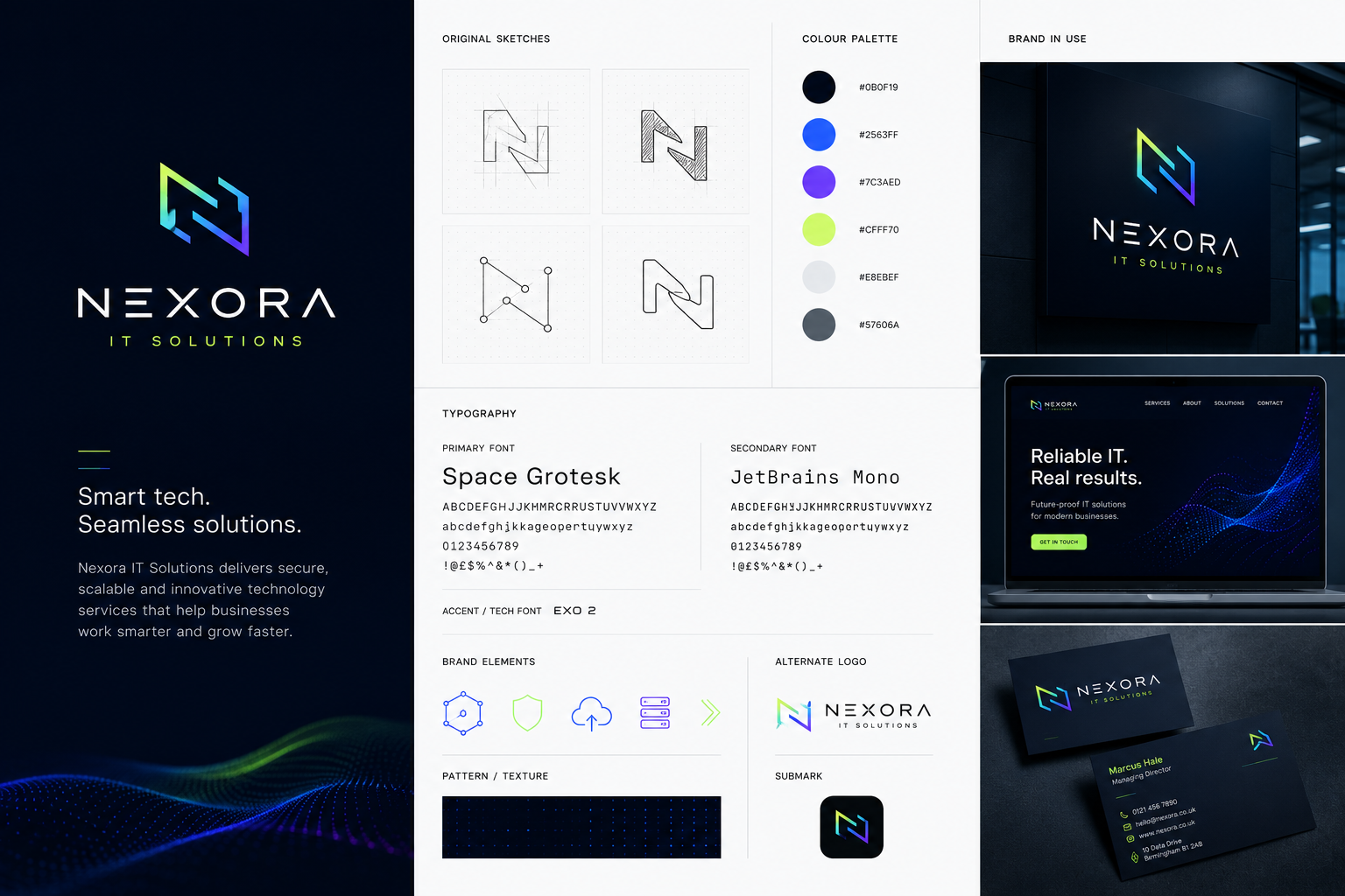 Branding and branding elements for Nexora IT Solutions, including logo sketches, color palette, typography, mockup of digital and physical branding materials, tagline, and business card.