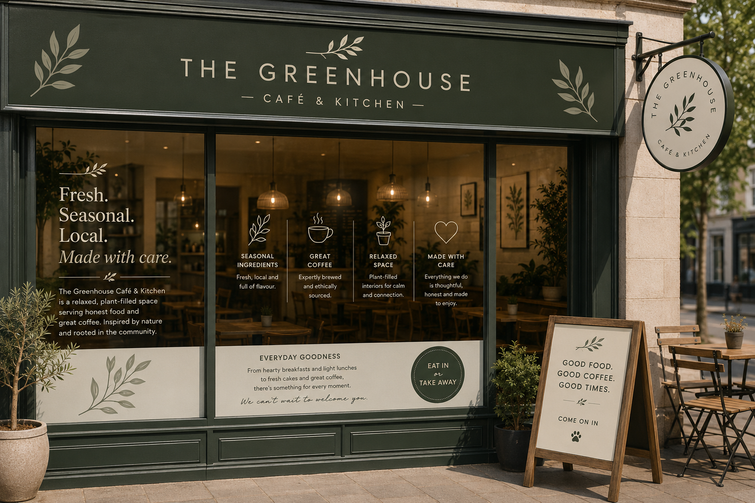 Exterior view of The Greenhouse Café & Kitchen storefront with large glass windows, green signage featuring leaf designs, and an outdoor seating area with tables and chairs. Signboard outside displays a message about good food and coffee.