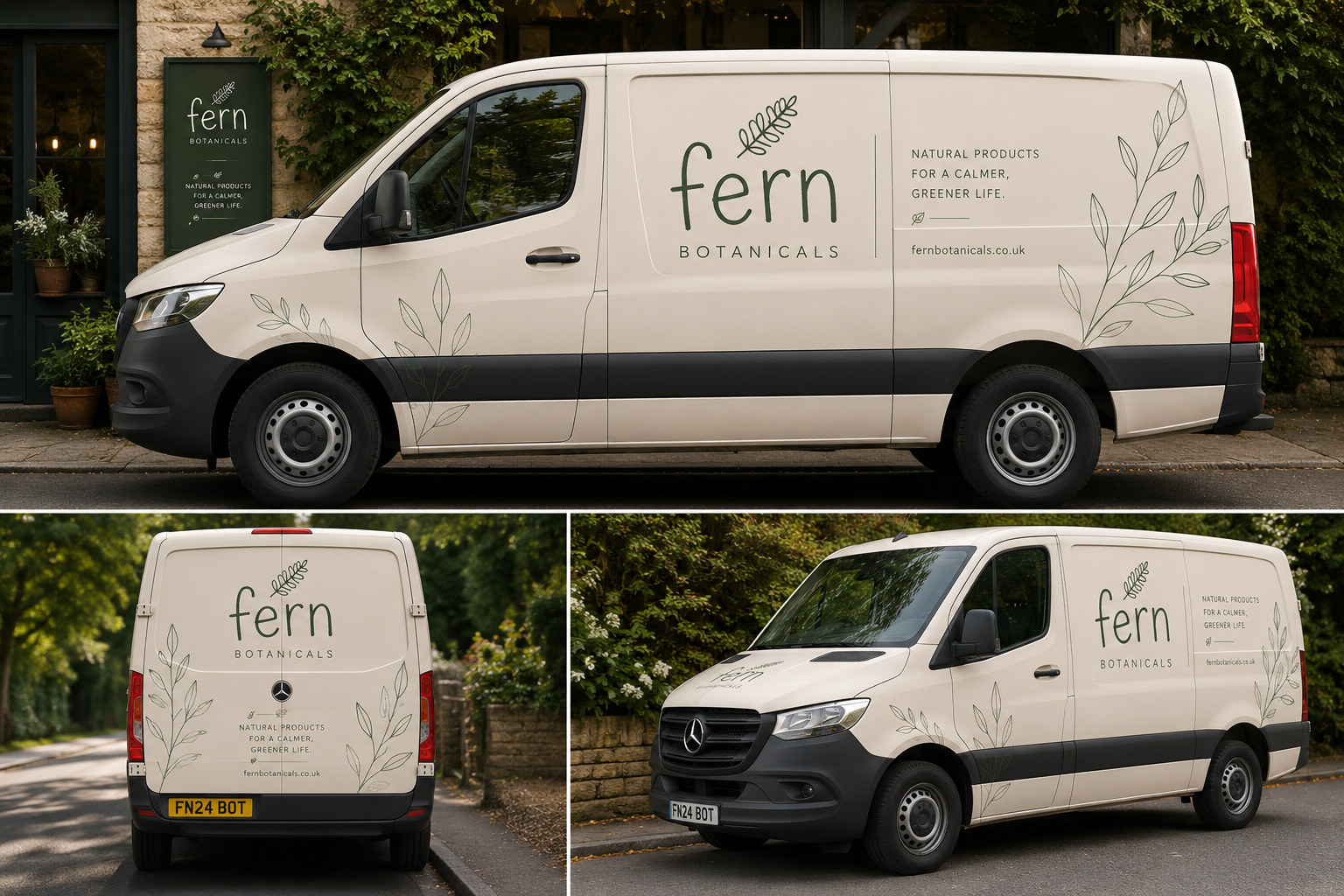 A white delivery van with the logo and branding of Fern Botanicals, a company that offers natural products for a calmer, greener life. The van displays the company name, logo, and a tagline on the side and back, with green leaf illustrations and the 