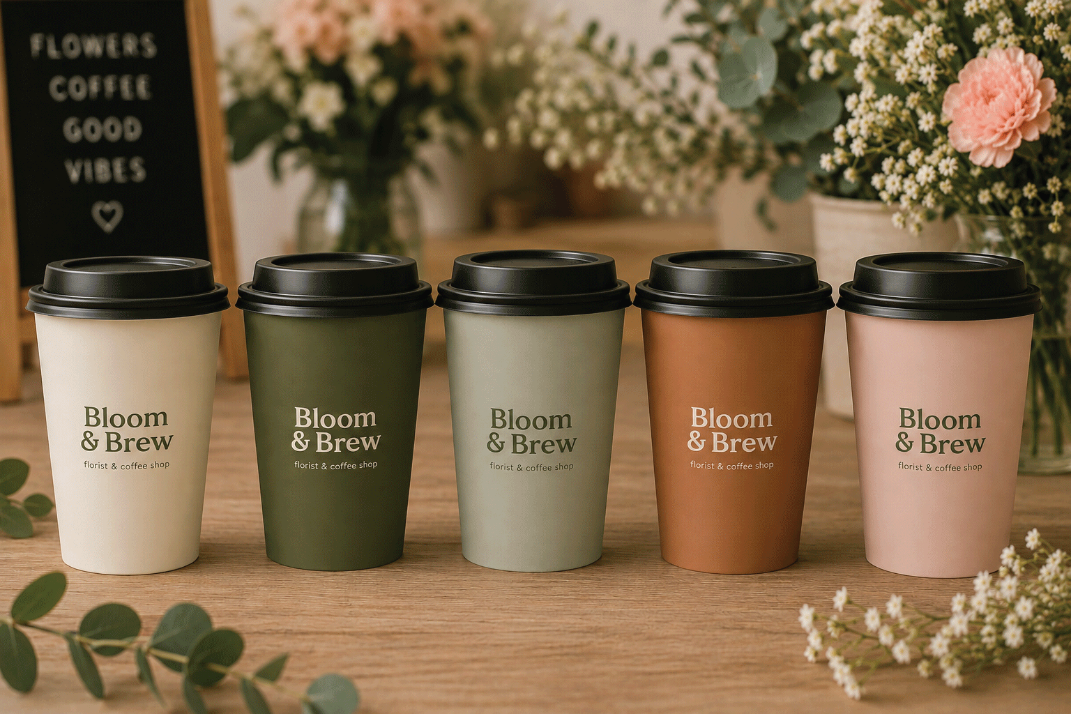 Five disposable coffee cups with black lids labeled 'Bloom & Brew' arranged in a row on a wooden surface, with a background of flowers and a sign with the same logo.