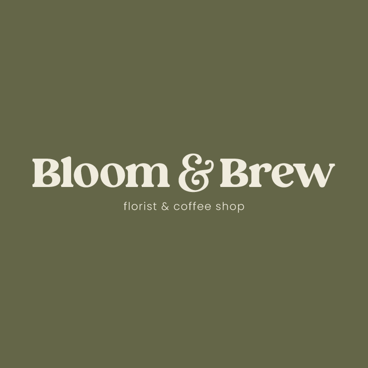Logo for Bloom & Brew, a florist and coffee shop, on an olive green background.