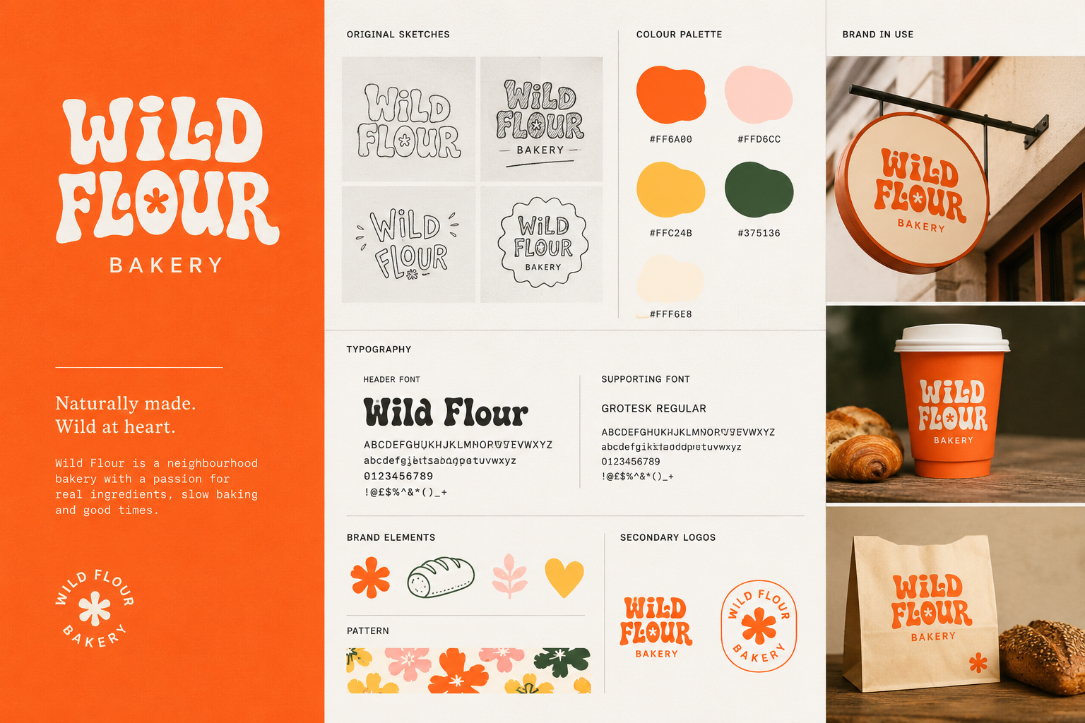 Branding board for Wild Flour Bakery featuring logo sketches, color palette, photography examples, typography, supporting fonts, brand elements like a flower, bread, leaf, and heart, pattern examples, secondary logos, and photos of branded bakery items and packaging.