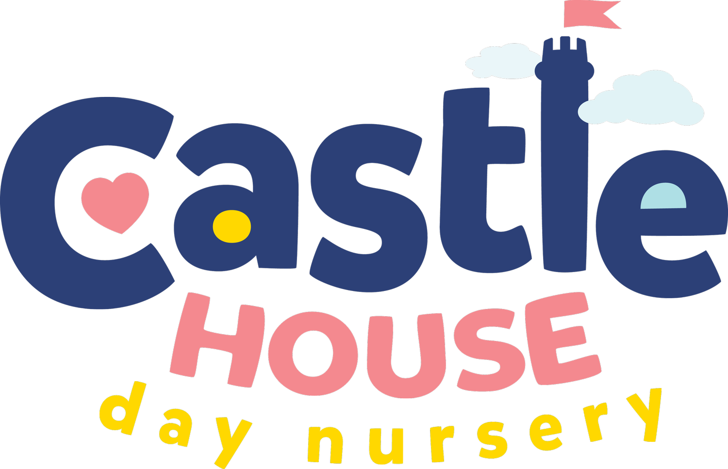 Colorful logo for Cascade House, a day nursery, with stylized text, clouds, a castle turret, and a pink heart.