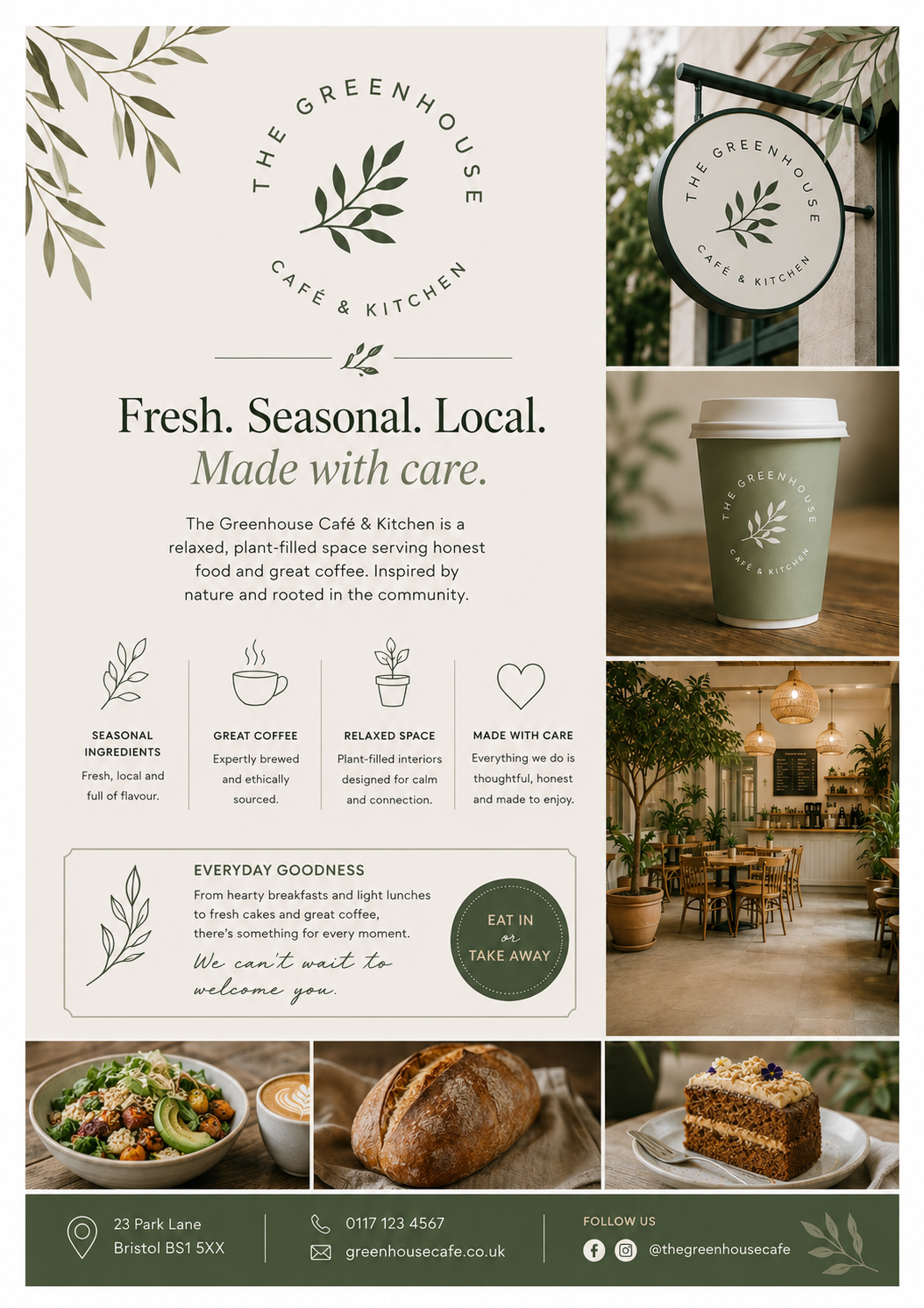 A promotional flyer for The Greenhouse Café & Kitchen, featuring their logo with a leaf design, and images of their storefront sign, a takeaway coffee cup with logo, and the interior of the café with tables and plants. It also shows photos of a salad