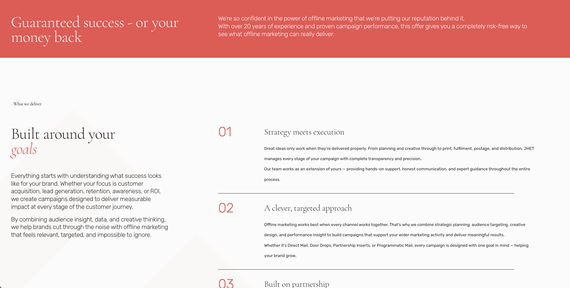 A marketing webpage with a pink header on the left and white content area on the right featuring text about offline marketing, goals, and campaign strategies.