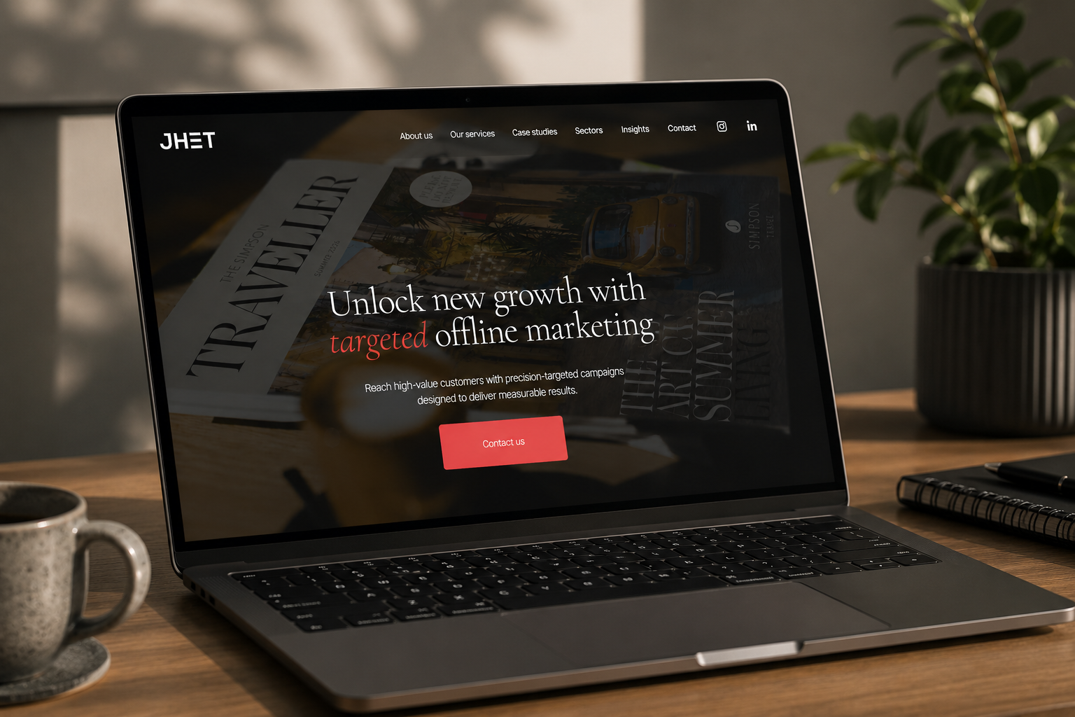 Laptop displaying a marketing website with the headline 'Unlock new growth with targeted offline marketing' on a wooden desk, accompanied by a coffee mug, a notepad, and a pen, with a potted plant in the background.