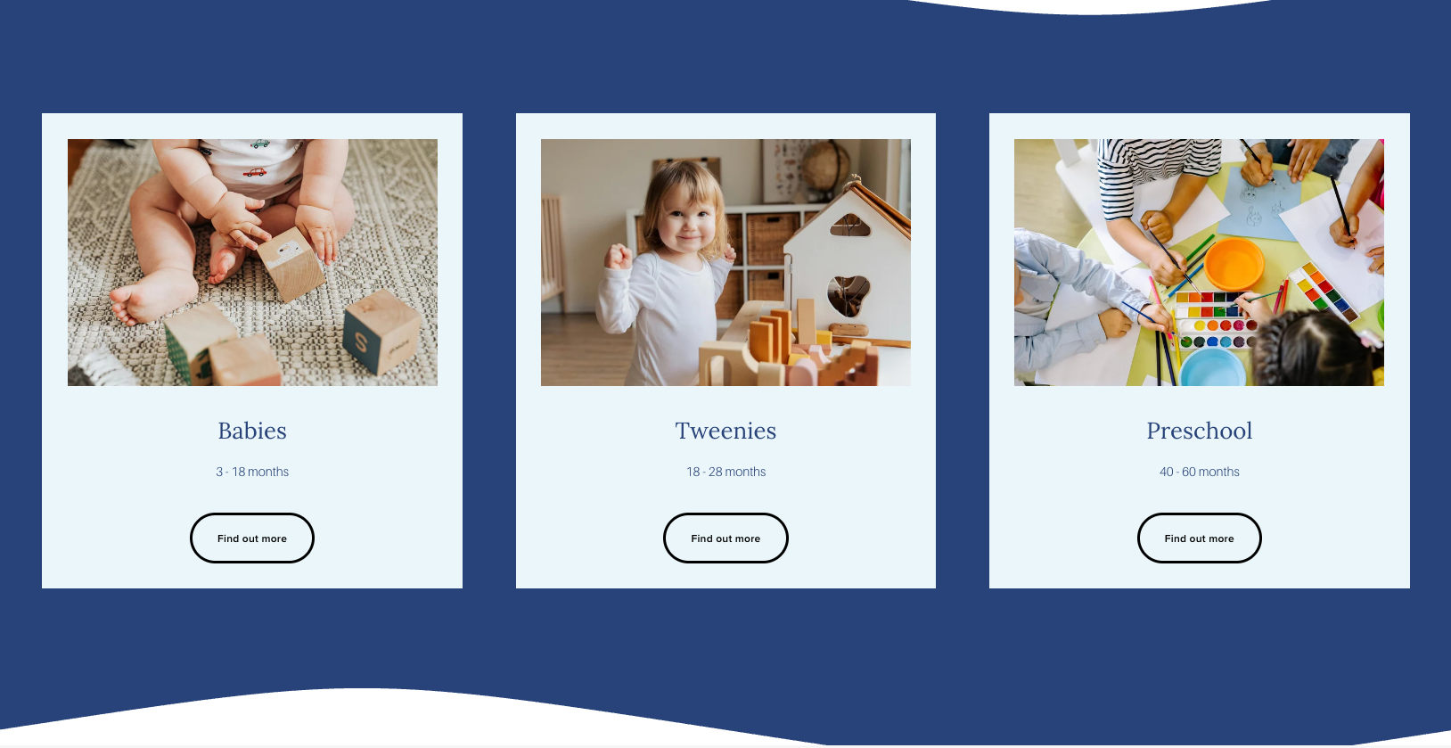 Three children activity categories: Babies, Tweens, and Preschool, with corresponding age ranges and images.