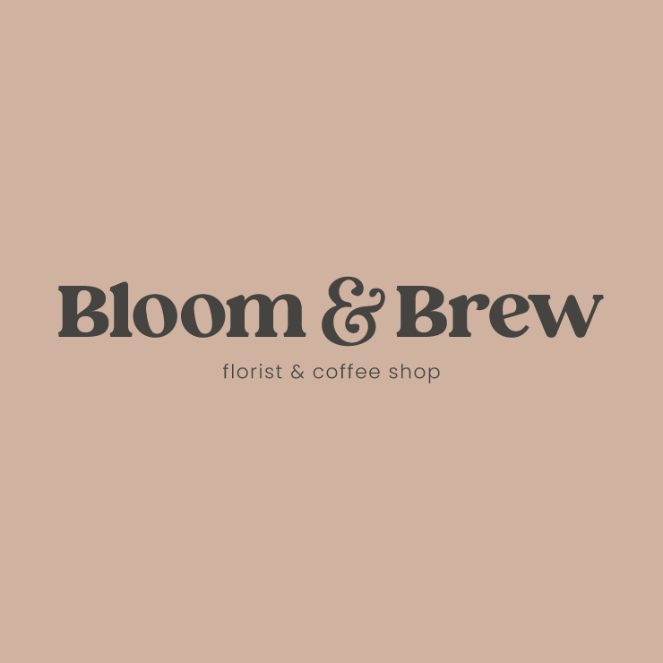 Logo for Bloom & Brew, a florist and coffee shop, on a beige background.
