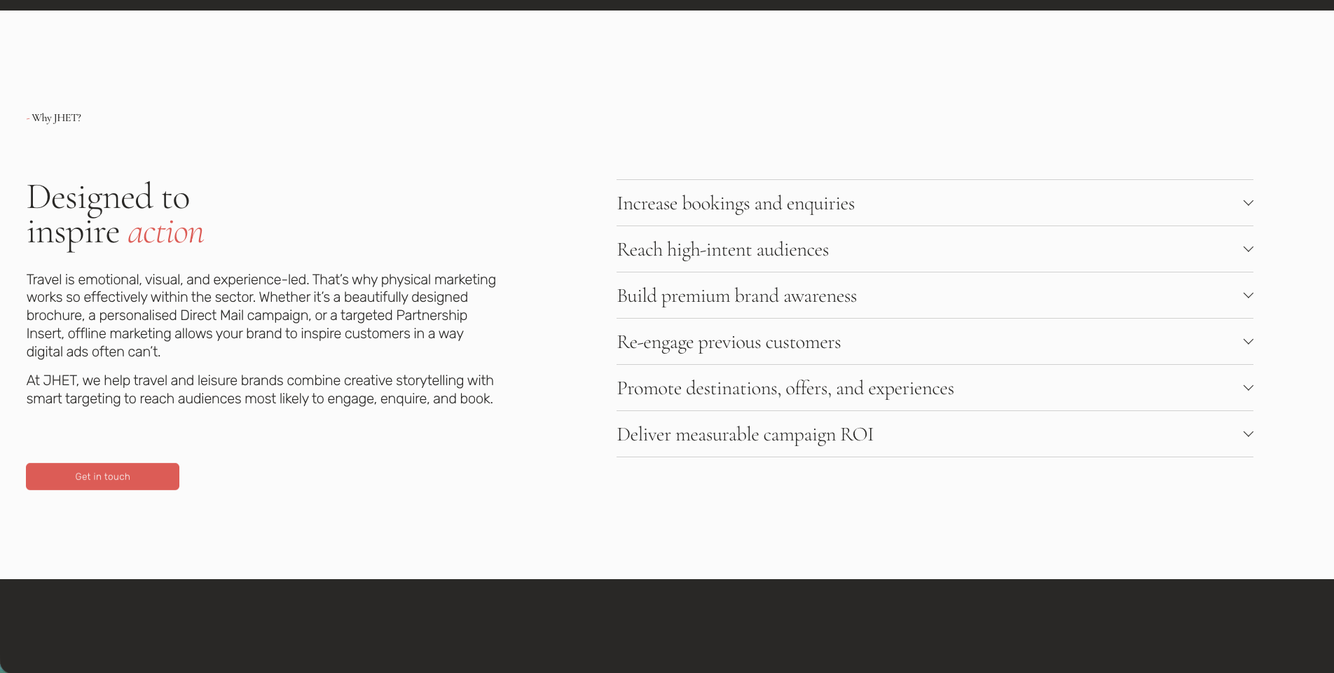 Website homepage featuring company information, a list of services, and a call-to-action button.