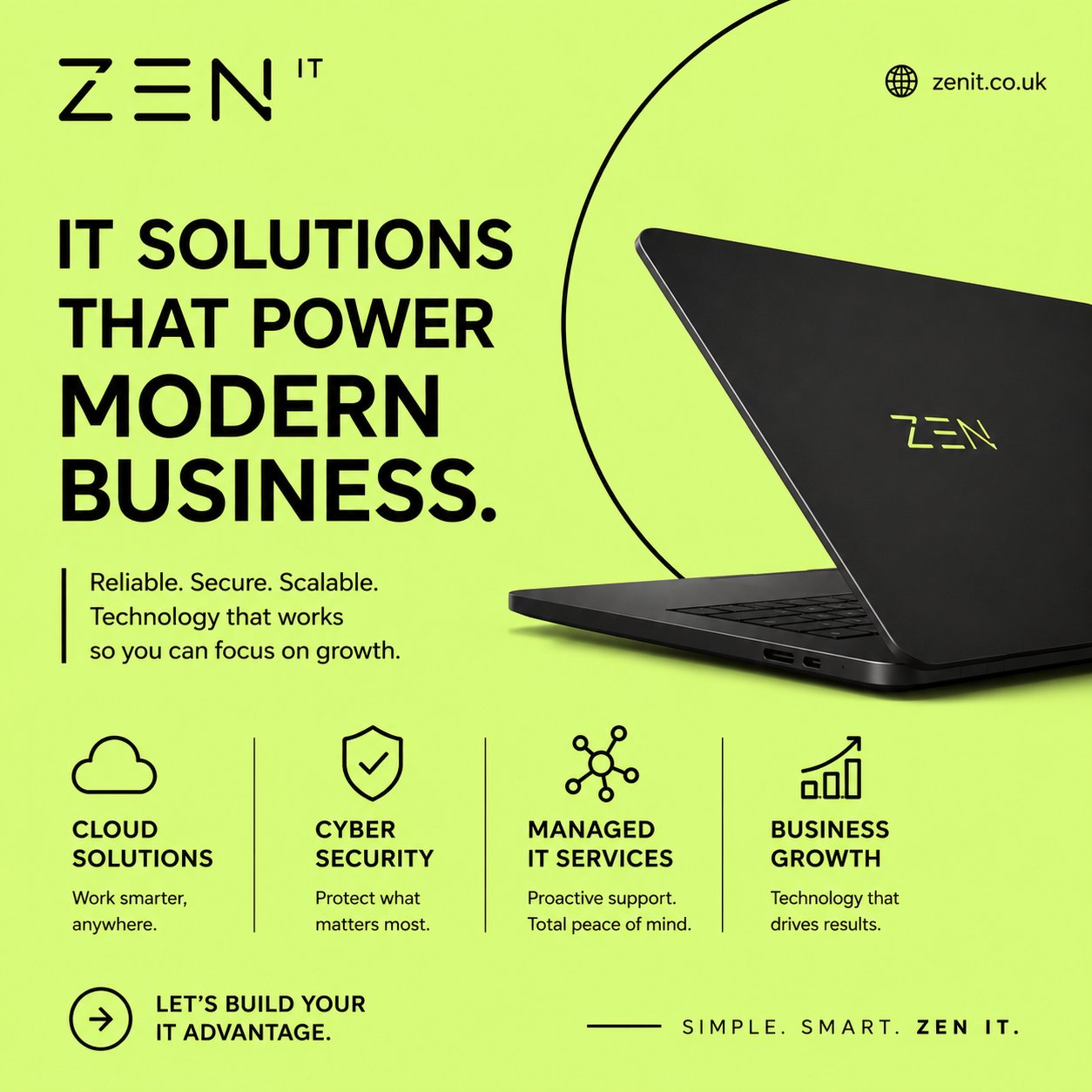 Advertisement for Zen IT, a provider of modern business IT solutions, featuring a black laptop with a green logo on a bright green background, promoting cloud solutions, cyber security, managed IT services, and business growth.