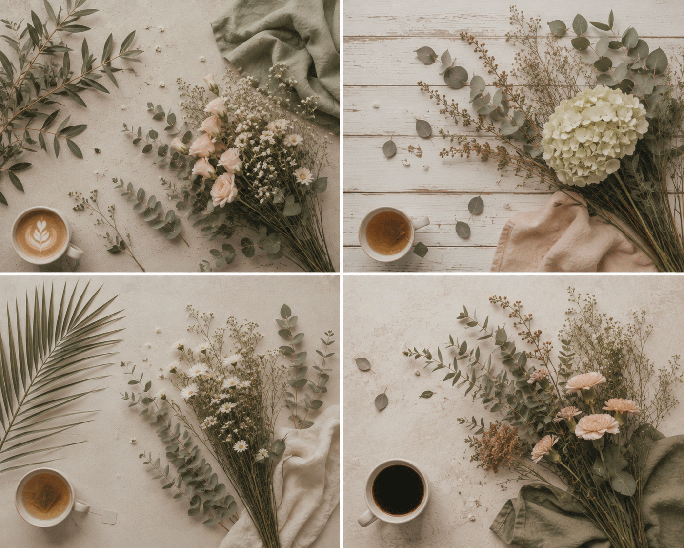 Four different arrangements of flowers and leaves on light-colored surfaces, each accompanied by a cup of tea or coffee. The arrangements vary with pink roses, white hydrangeas, daisies, greenery, and different backgrounds like textured, wooden, and 