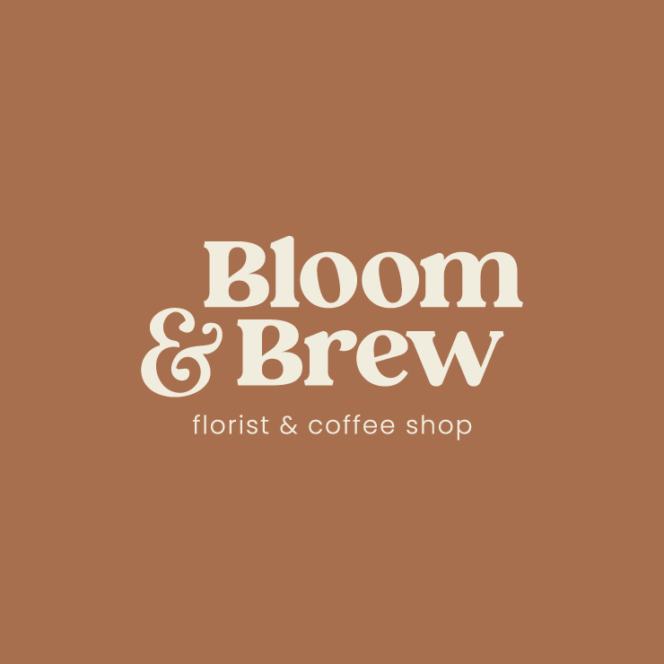 Logo for Bloom & Brew, a florist and coffee shop with a brown background and white text.