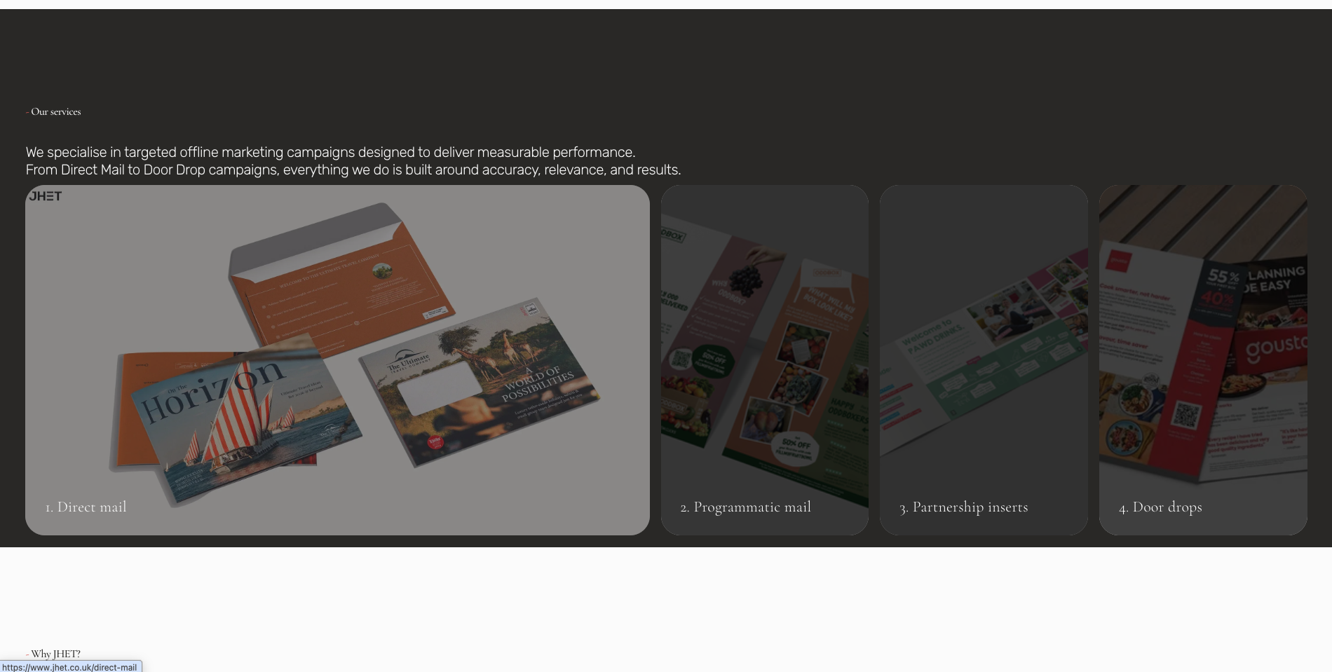 A website presenting four types of offline marketing campaigns: 1. Direct mail, featuring brochures and postcards; 2. Programmatic mail, with digital flyers; 3. Partnership inserts, showing flyers in packages; 4. Door drops, including flyers on a tab