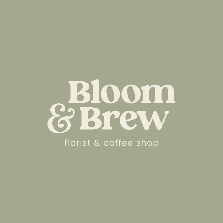 Logo for Bloom & Brew, a florist and coffee shop, with a soft green background and white text.