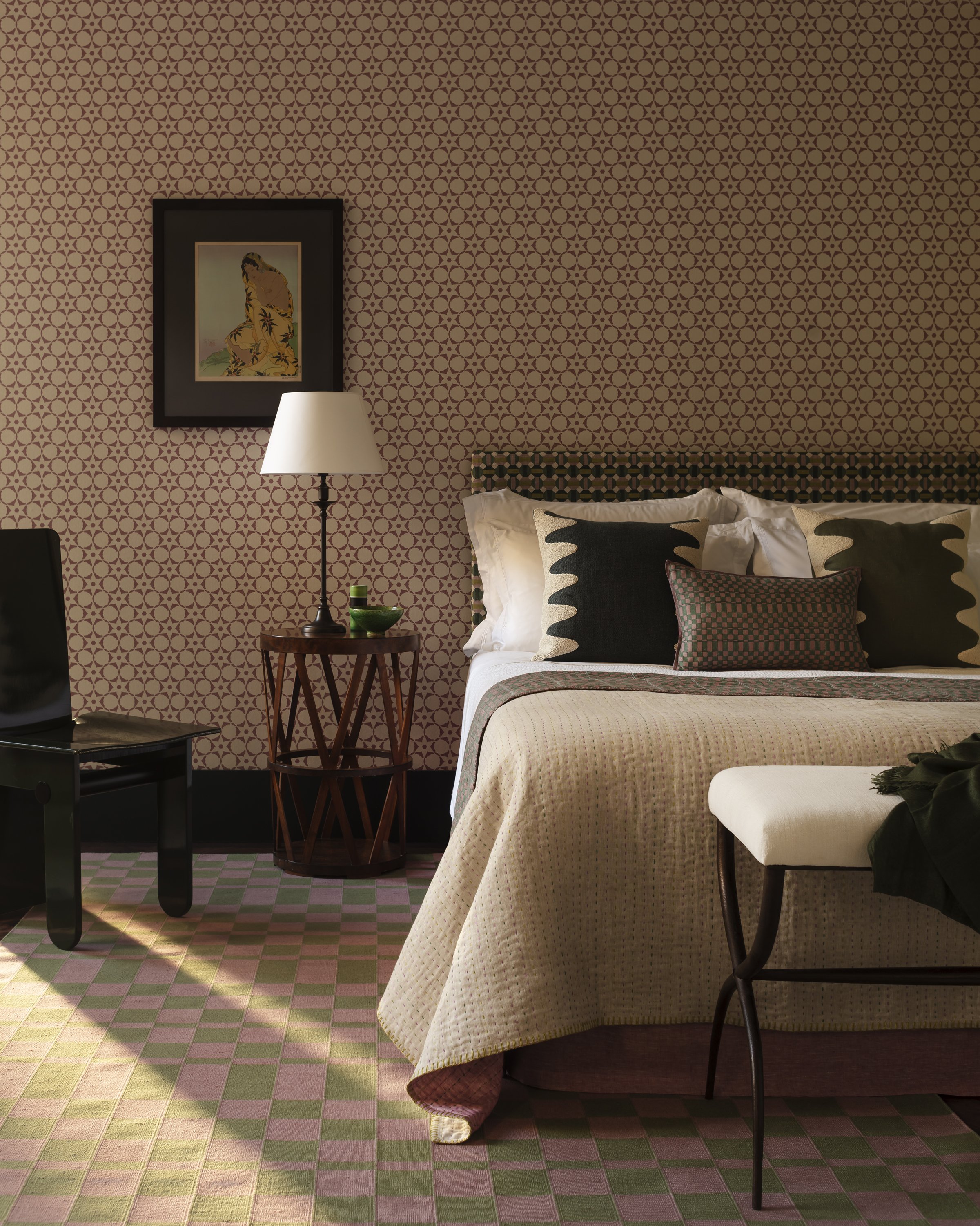 OPTICALITY COLLECTION_OPTICALITY TOURMALINE HEADBAORD, TILT TWO ALEXANDRITE CUSHION AND THROW_TILT SILK DHURRIE_FCO VIOLA WALLPAPER_HAND EMBROIDERED BED THROW_LIFESTYLE_PHOTO_OSKAR PROCTOR_PROPS_COLLIER WEBB_8 HOLLAND STREET_QUINDRY _PR RES.jpg