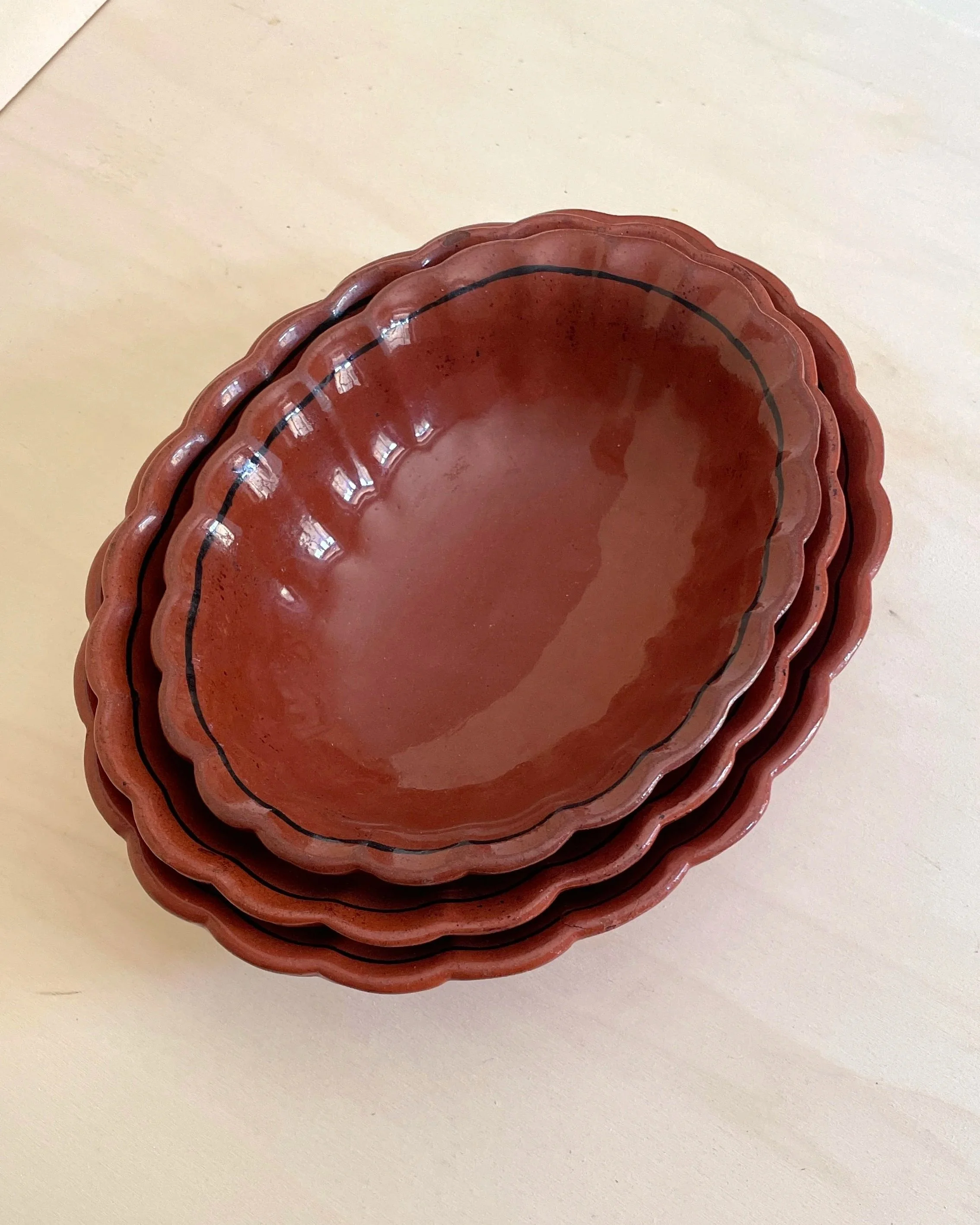 Vintage Portuguese Terracotta Set Of Nesting Bowls With Scalloped Edges