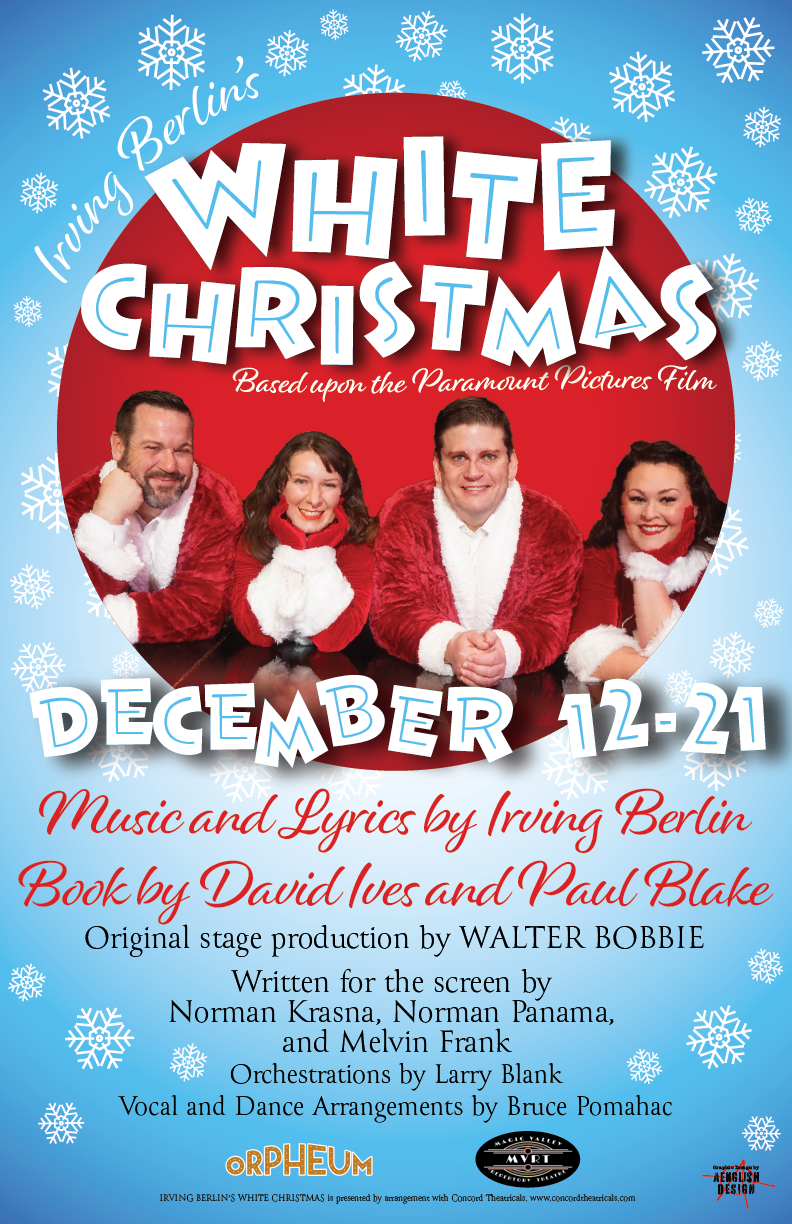 Poster Design for MVRep's Production of Irving Berlin's White Christmas, created in Illustrator.