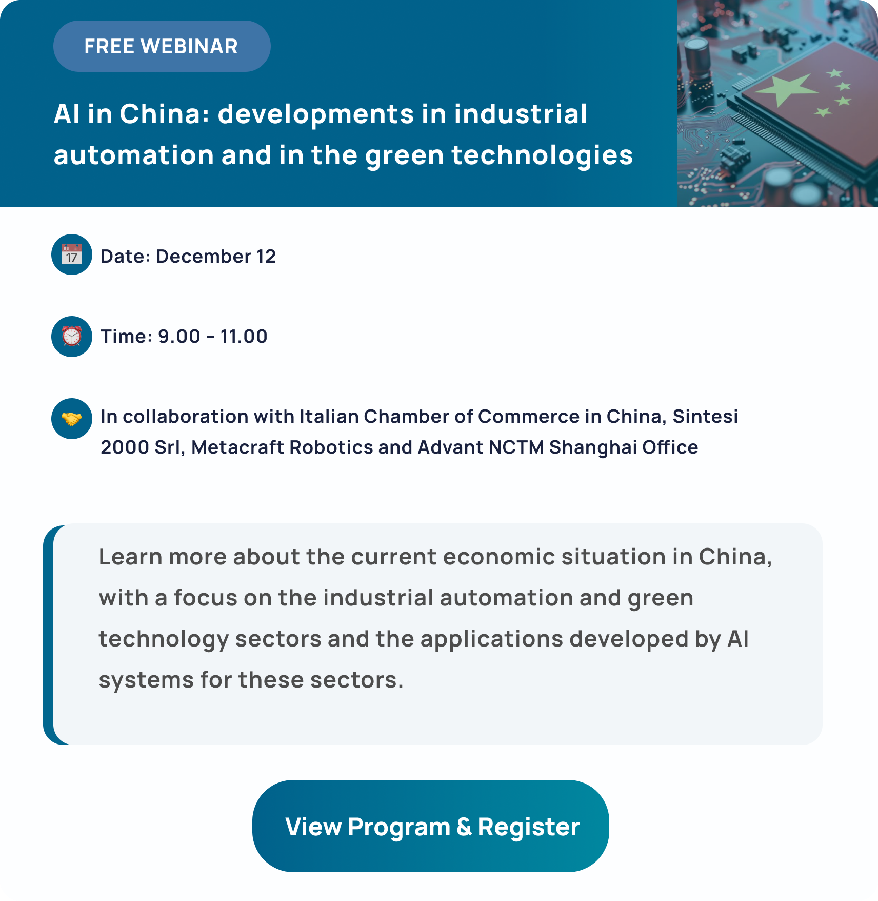 Flyer for a free webinar titled 'AI in China: developments in industrial automation and green technologies,' scheduled for December 12 from 9:00 to 11:00, in collaboration with the Italian Chamber of Commerce in China, Sintesi 2000 Srl, Metacraft Robotics, and Advant NCTM Shanghai Office, featuring a graphic of computer chips with the Chinese flag.