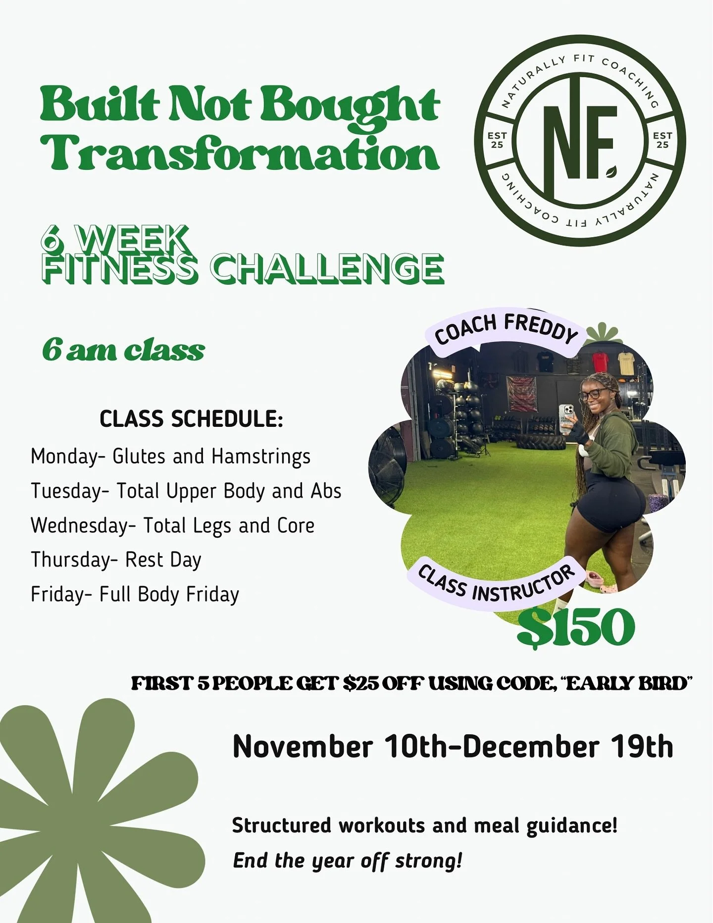 Rise and grind with our Built Not Bought morning training program &mdash; a results-driven, high-energy workout series designed to sculpt strength, build endurance, and set the tone for your entire day.

Over 6 weeks, you&rsquo;ll train in a motivati