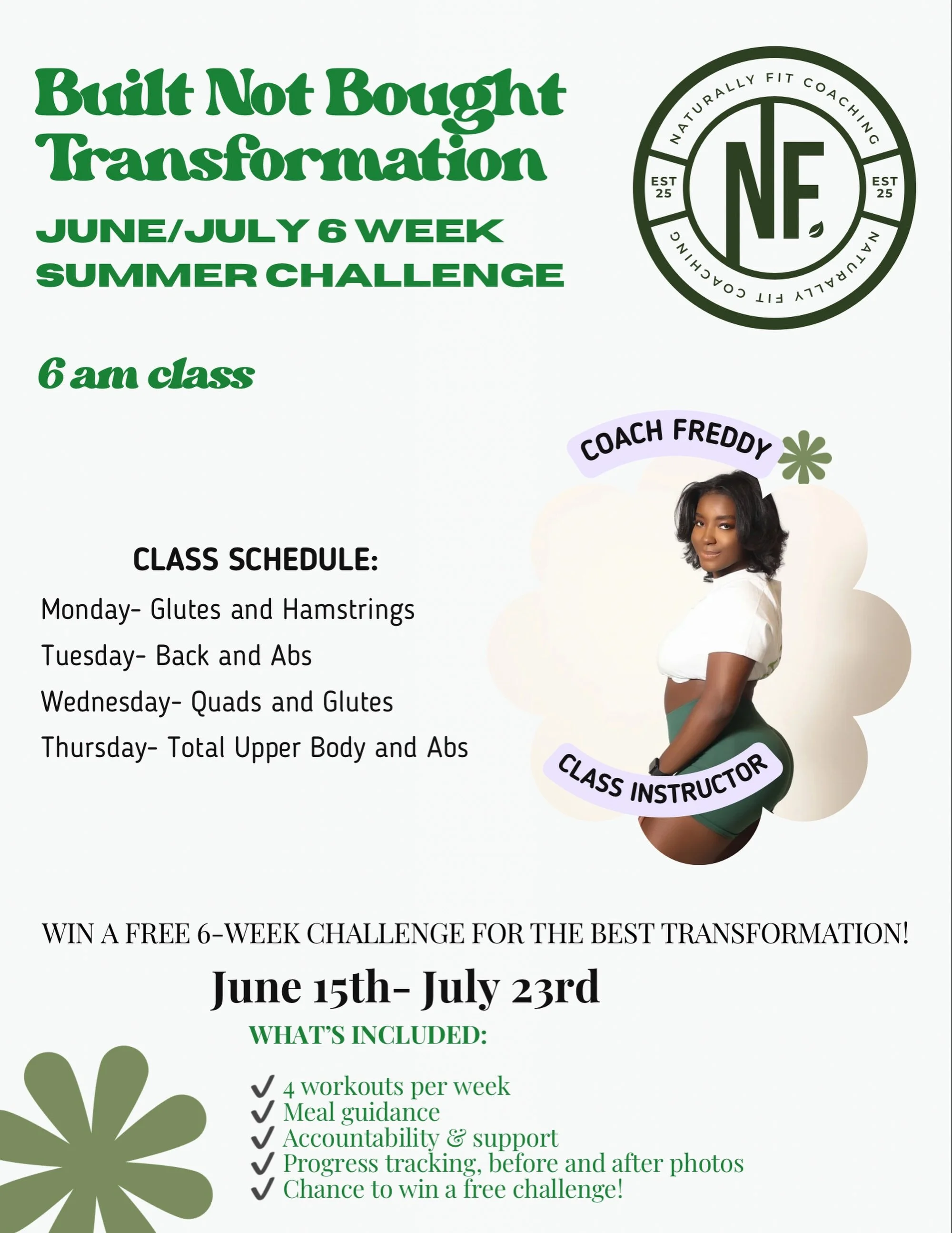 🍑💪 BUILT NOT BOUGHT SUMMER TRANSFORMATION CHALLENGE 💪🍑

Ready to stop starting over and finally commit to yourself?

Join me for 6 weeks of structured workouts, accountability, nutrition guidance, and a supportive community of women working towar