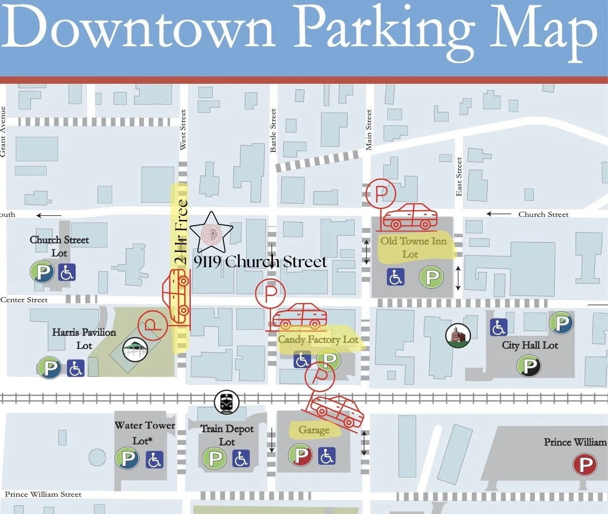 Map of downtown parking areas showing various parking lots, street names, and icons for parking, handicapped accessible spots, and landmarks such as Harris Pavilion, Water Tower, and Train Depot.