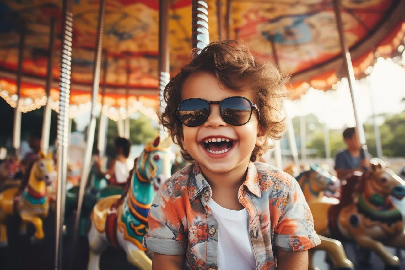 A young boy with curly hair wearing sunglasses and a floral shirt, smiling on a carousel with painted horses in the background.