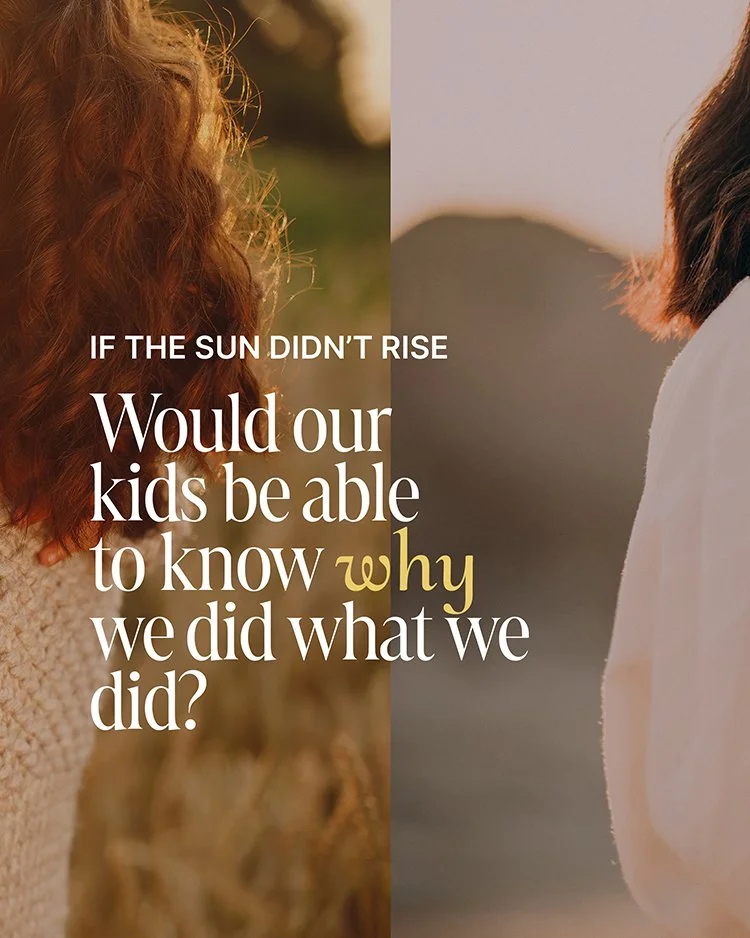 A split-screen image with two women, one with curly red hair on the left and another with straight dark hair on the right, with a sunset background. Overlaid text asks, 'If the sun didn't rise, would our kids be able to know why we did what we did?'.