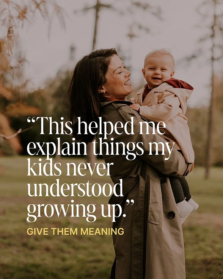 A woman holding a smiling baby outdoors with trees in the background, with an inspirational quote overlayed that reads: "This helped me explain things my kids never understood growing up."