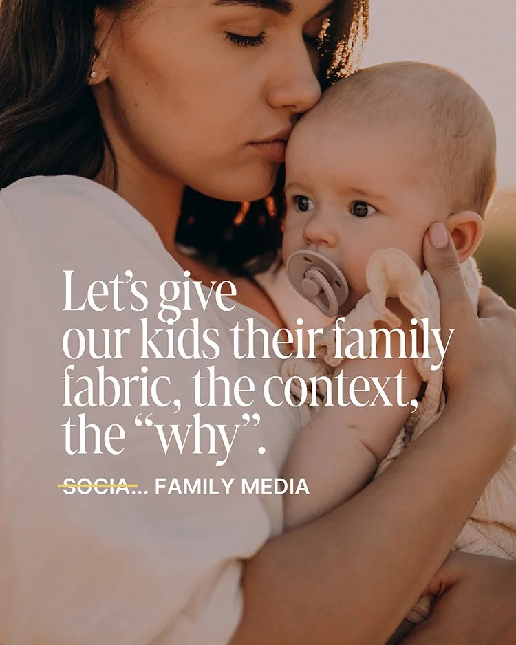 A woman holding a baby close, with both looking serious, overlaid with text about giving kids family fabric, context, and 'why'