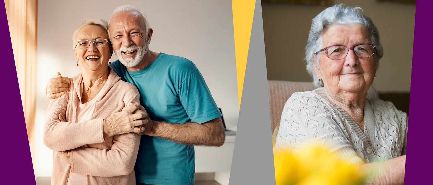 An elderly couple smiling and embracing each other indoors on the left, and an elderly woman wearing glasses sitting at home on the right.