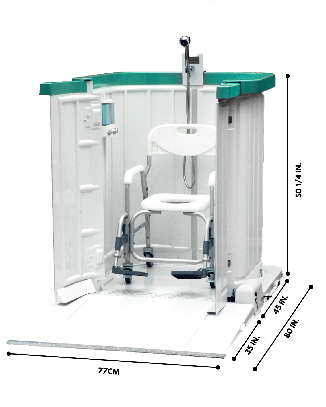 The showerbay portable shower product image with dimensions written on sides