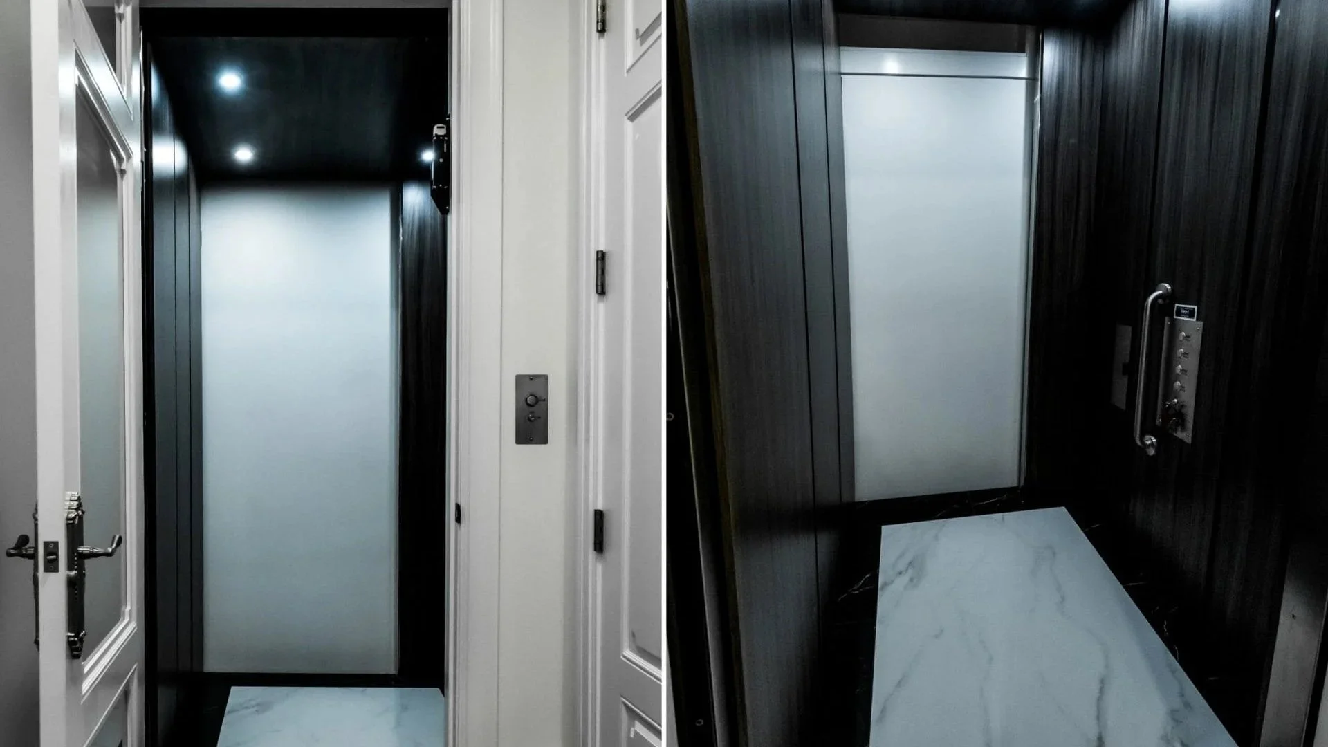 A Butler Mobility - RAM Crystal Elevator interior featuring black walls and a marble floor
