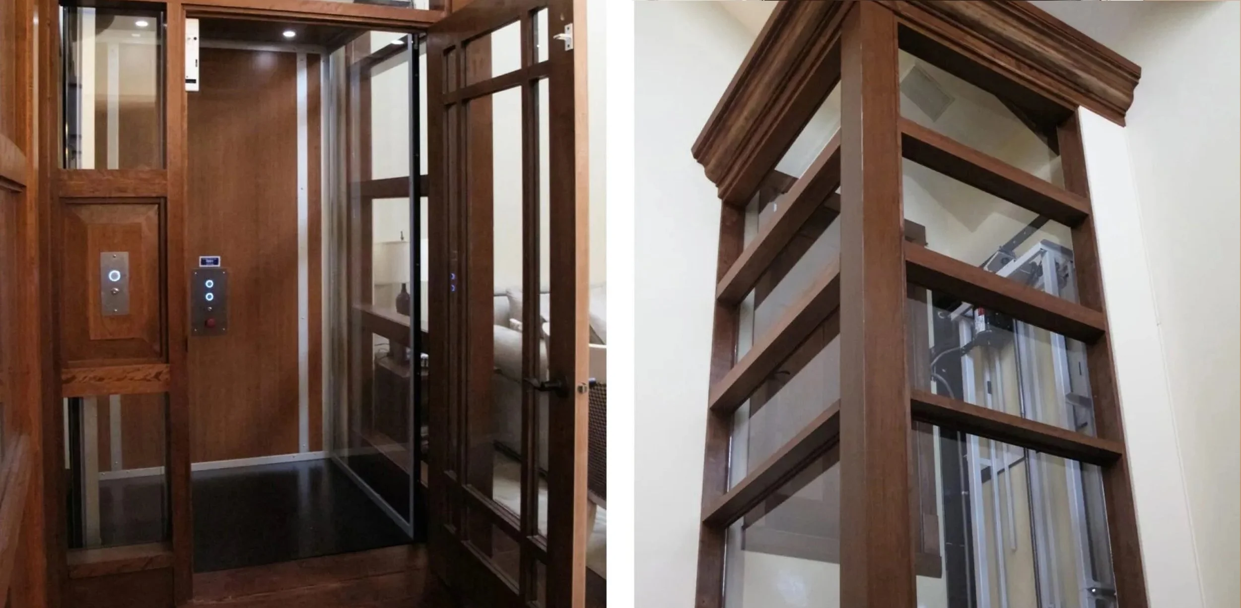 A Butler Mobility - RAM Stratus Elevator in a residential home constructed of glass and dark wood trim 