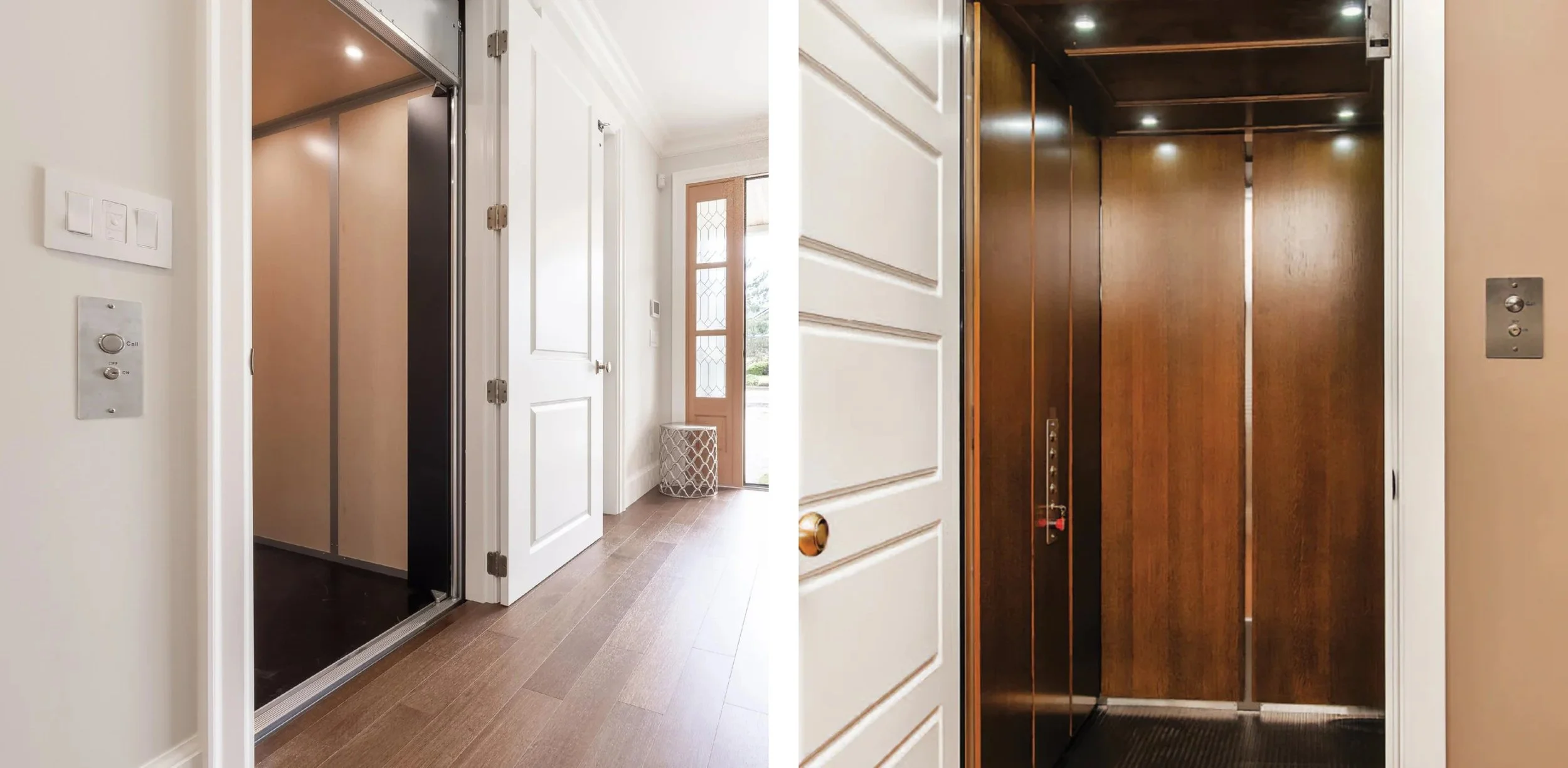 Two views of a Butler Mobility - RAM elevator in a brightly lit home and features wood interior.