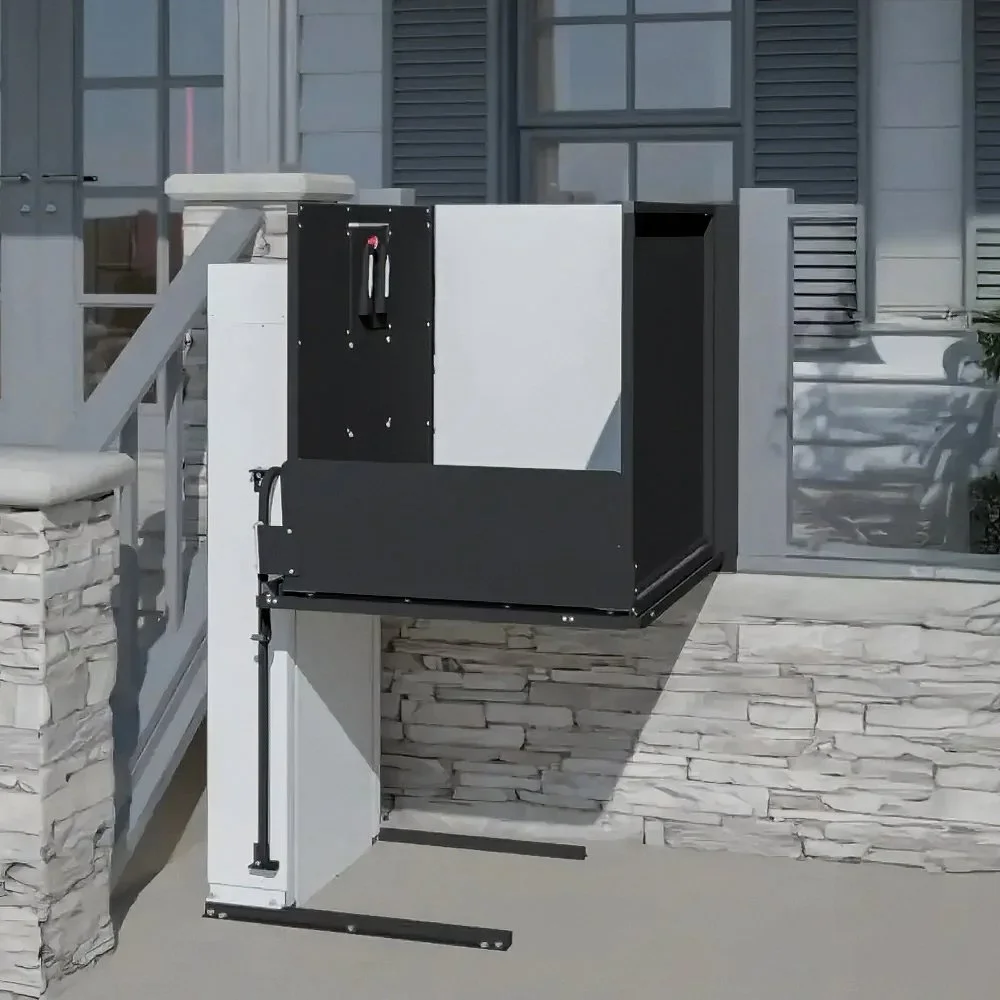 A Butler Mobility RAM vertical inclined platform lift in front of a porch and staircase to a home