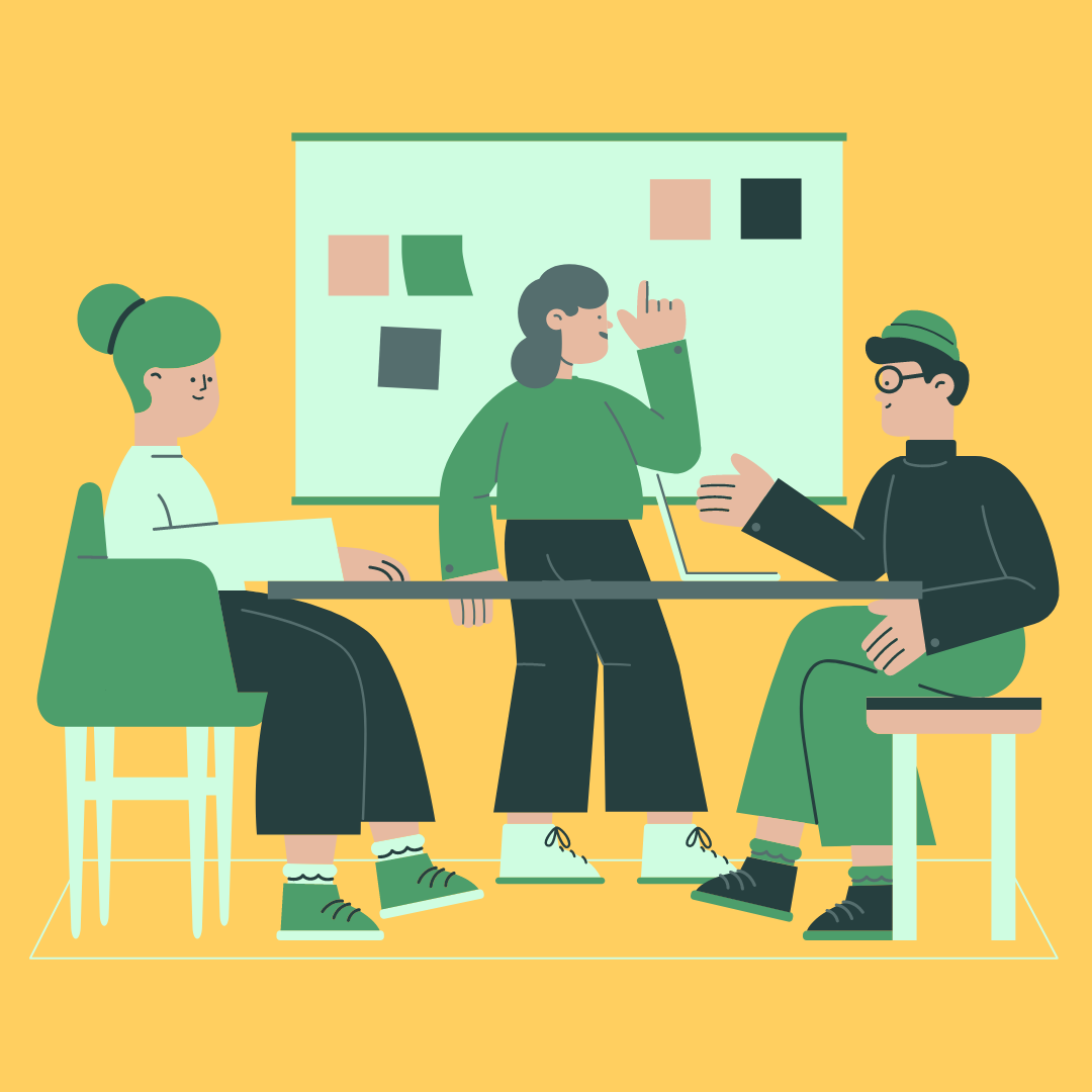 Graphic image of three people having a meeting.