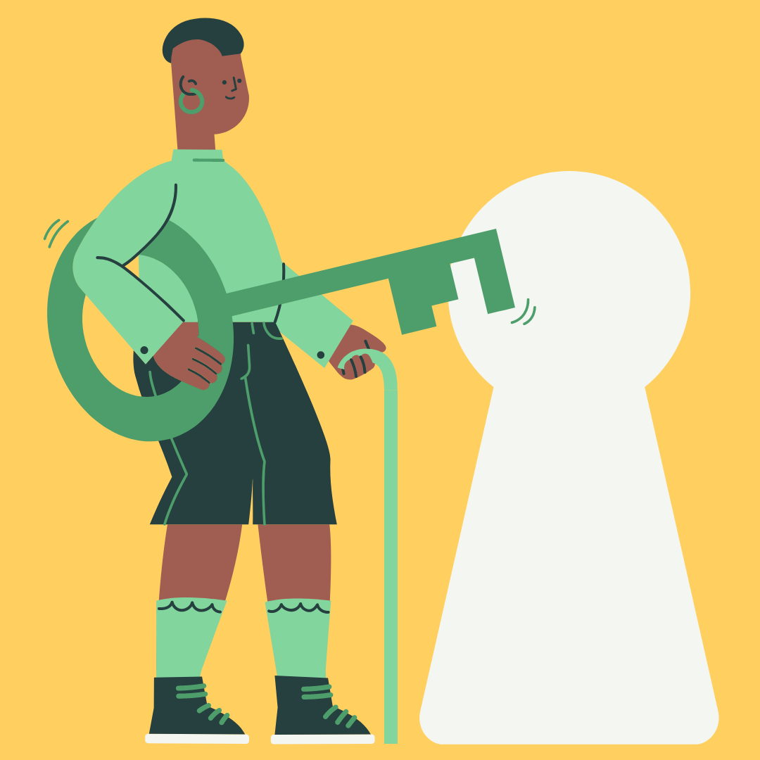 Graphic image of a woman holding a key in front of a keyhole. She is also holding a walking cane.