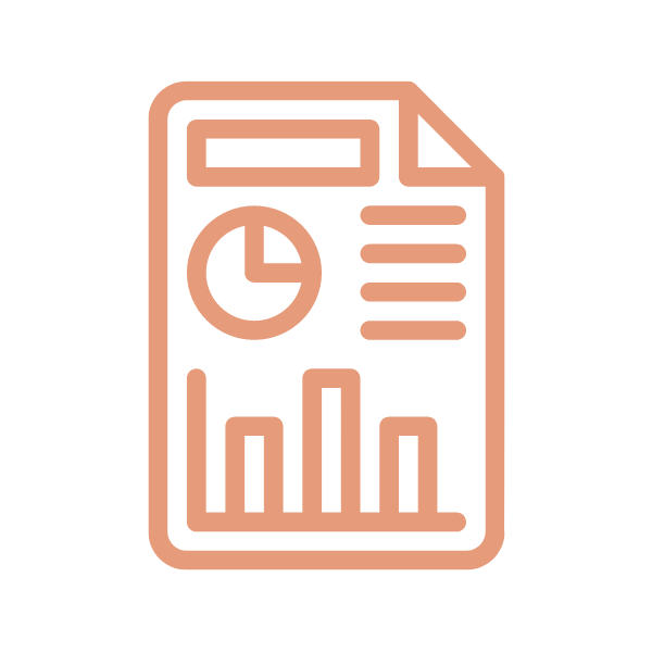 Icon of a report or data sheet with a pie chart, bar graph, and text lines.