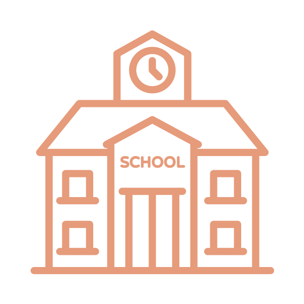 Line drawing of a school building with a clock tower on top and the word 'SCHOOL' above the entrance.