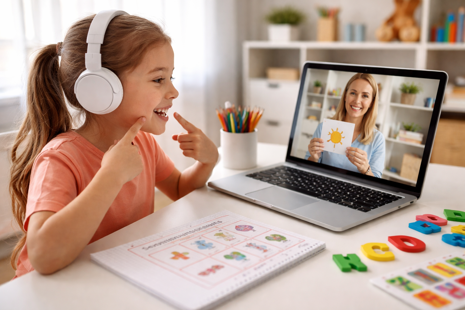 Young girl participating in an online art class, smiling and showing a drawing of a sun to her teacher on a laptop screen, with colorful educational materials on the desk.