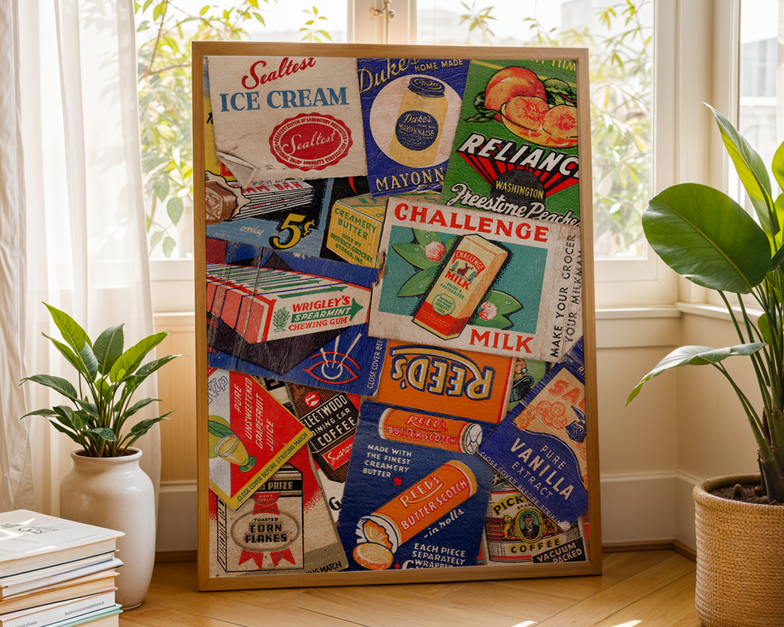 Colorful collage of vintage advertisement matchbook for various food products including ice cream, mayonnaise, peaches, milk, chewing gum, and butter, arranged on a framed panel inside a bright room with plants and windows.