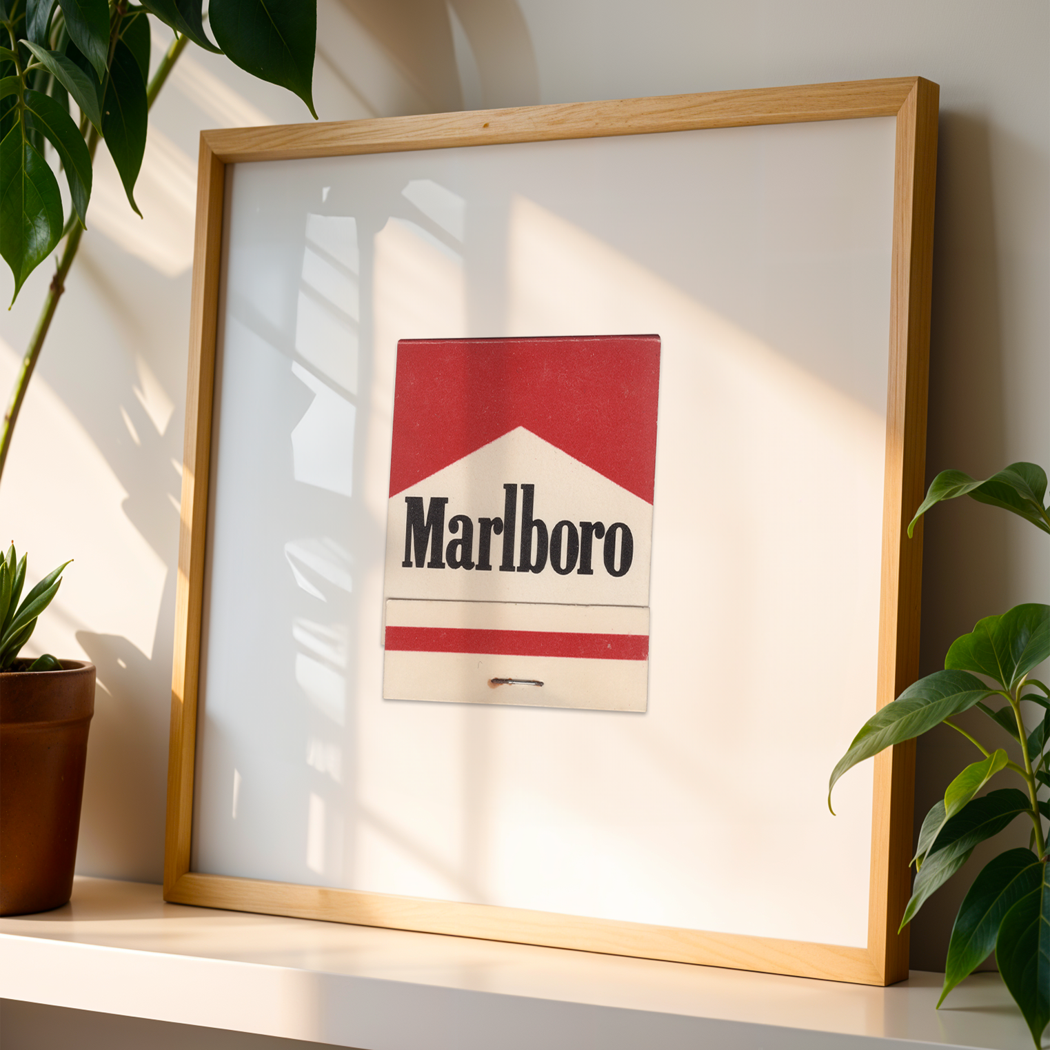 A framed whiteboard with a vintage Marlboro cigarette pack attached to it, positioned on a white surface next to potted plants, with sunlight casting shadows.