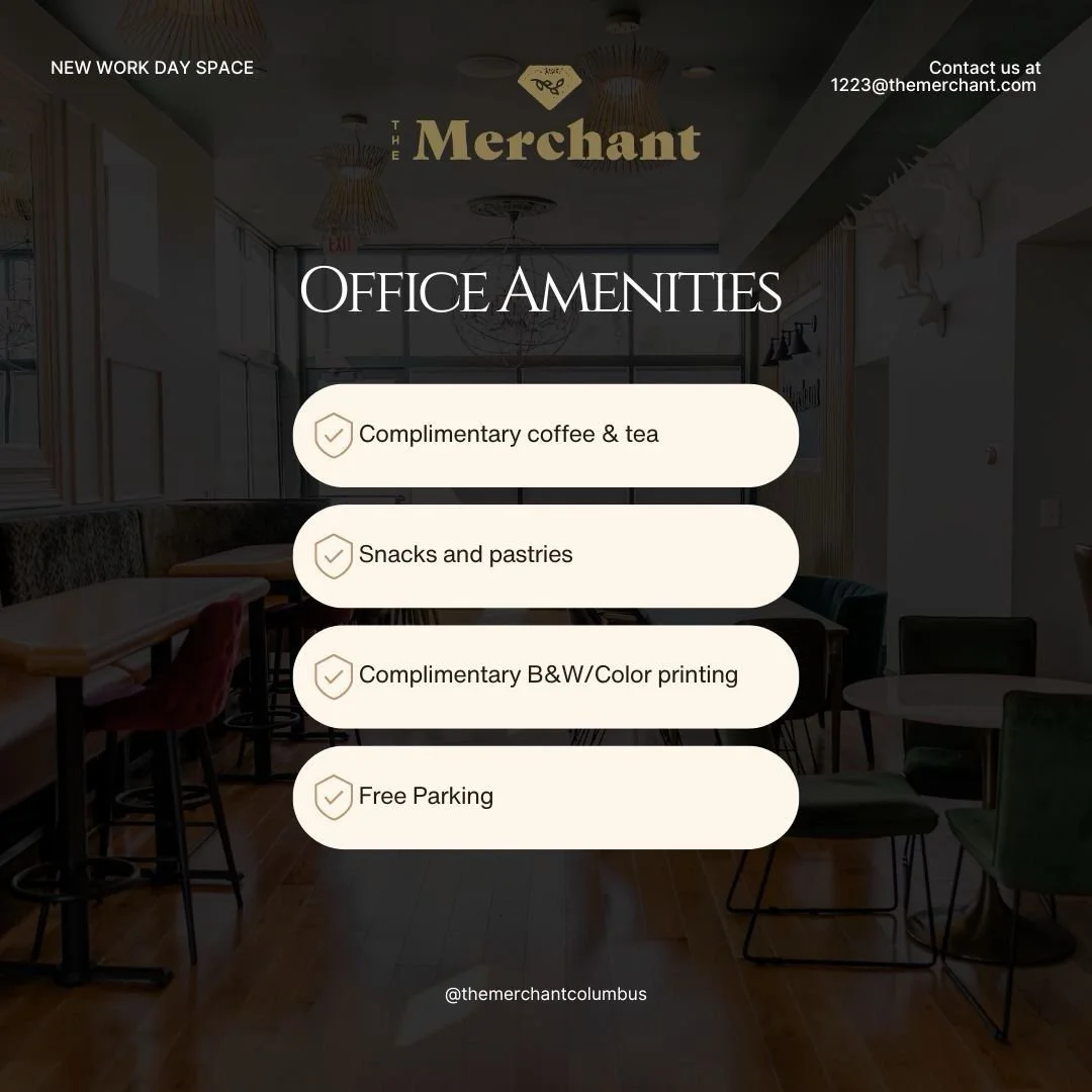 Make your workday feel a little more elevated at The Merchant. 
Enjoy complimentary coffee &amp; tea, snacks, pastries, printing, and free parking&mdash;all designed to make your day smoother and more productive.

Book a day pass at the link in bio. 