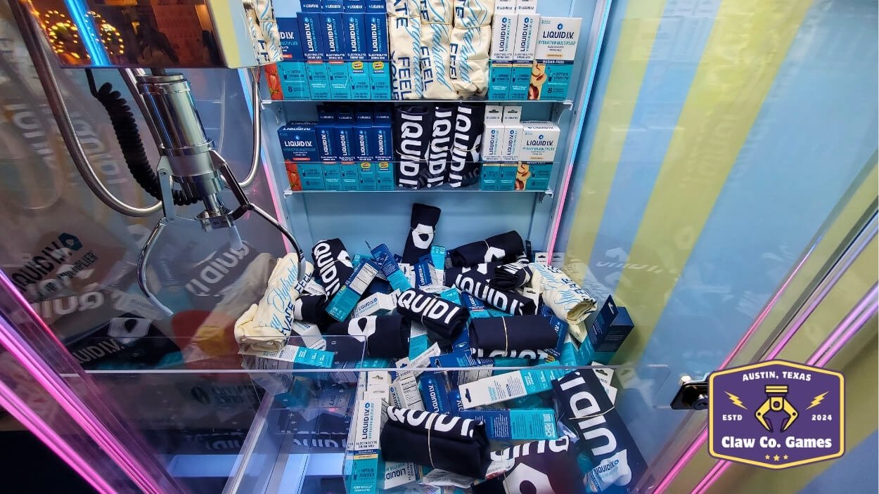 When it comes to trade shows, we work with customers to fill the claw machines with their own brand products and apparel.