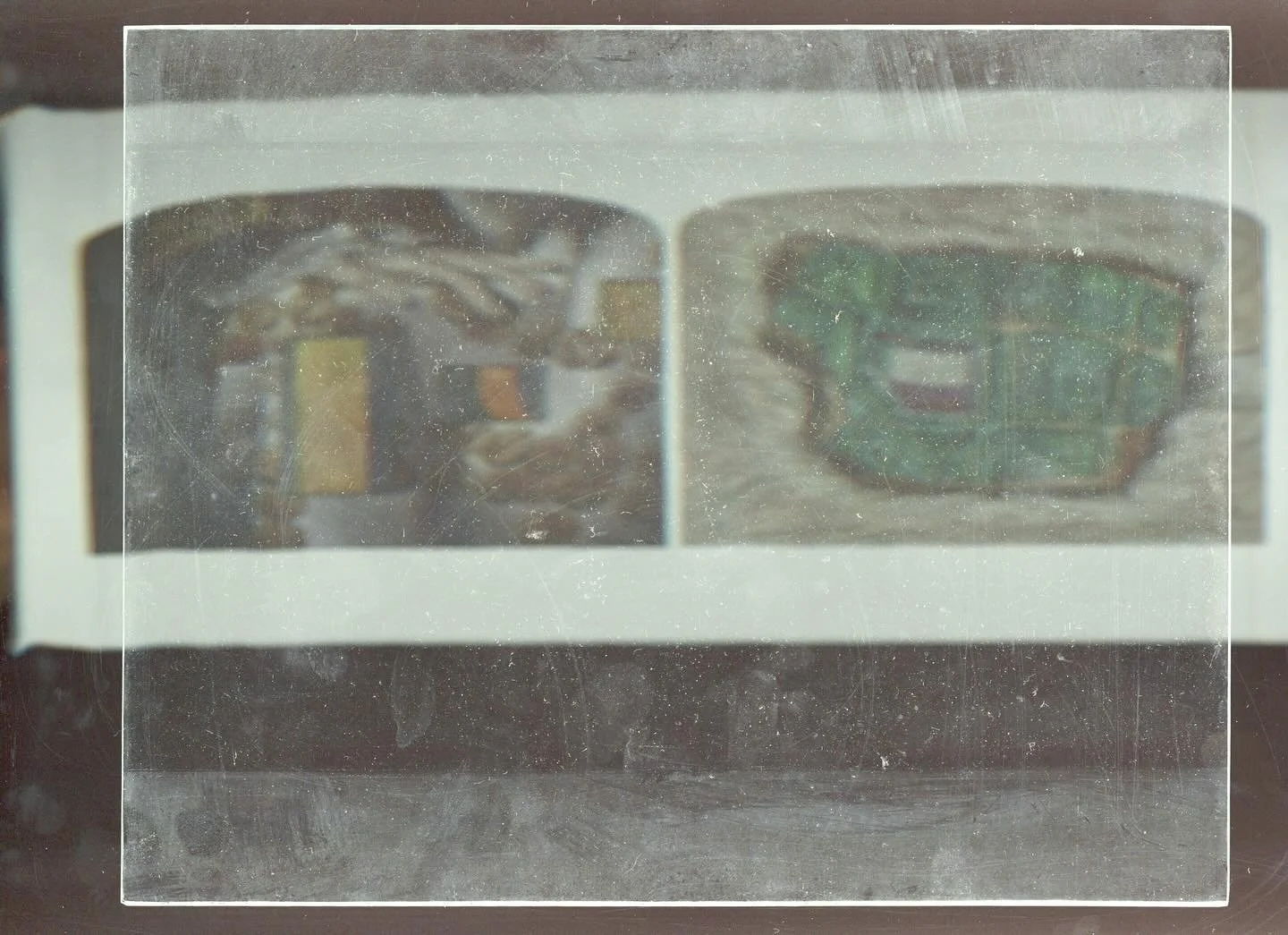 Photographic scan of glass panel and &lsquo;Copper-Copper Battery&rsquo; painting, 2025