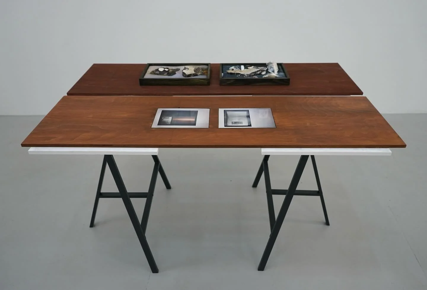 &lsquo;Crux&rsquo;, 2025, Rocks from white cliffs of Britain&rsquo;s south coast, wood, fabric, photographic prints, glass, styrofoam, acrylic, water-based wood dye, oil and wax sealant, 121.7 x 74.6 x 21.5 cm

&lsquo;Hard Waters&rsquo;, 2025, photog