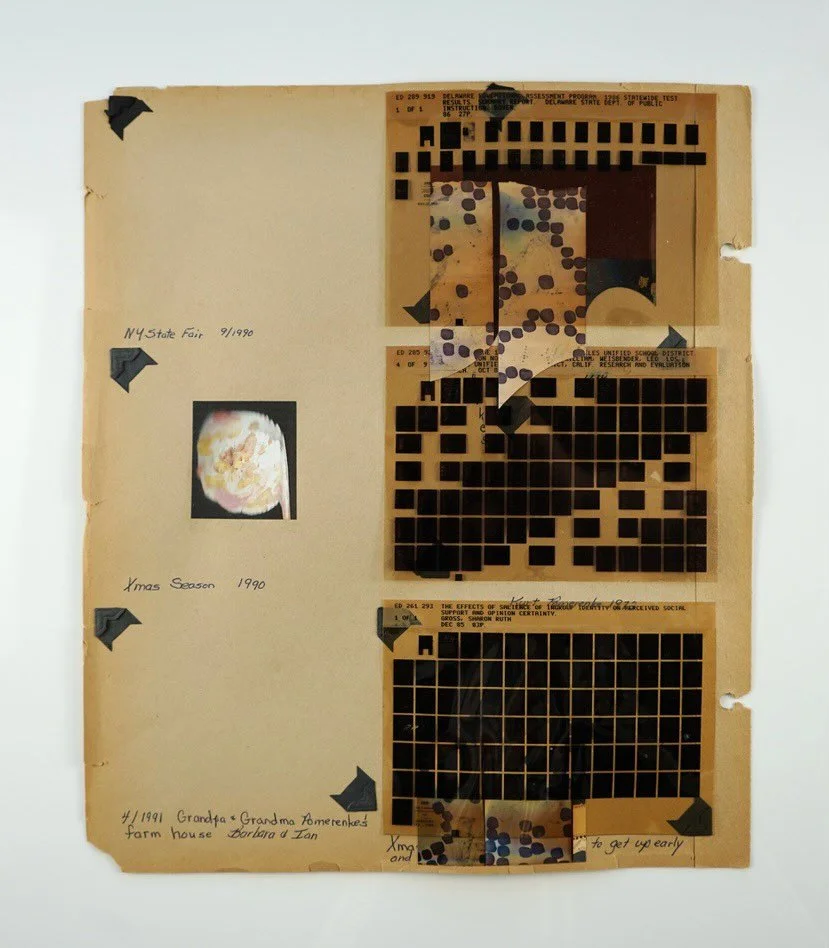 &lsquo;Perceived Social Support and Opinion Certainty&rsquo;, 
2024,
collage of found microfilm, drawing scans printed on photo paper, page of family photo album, 
42 x 29.7 cm