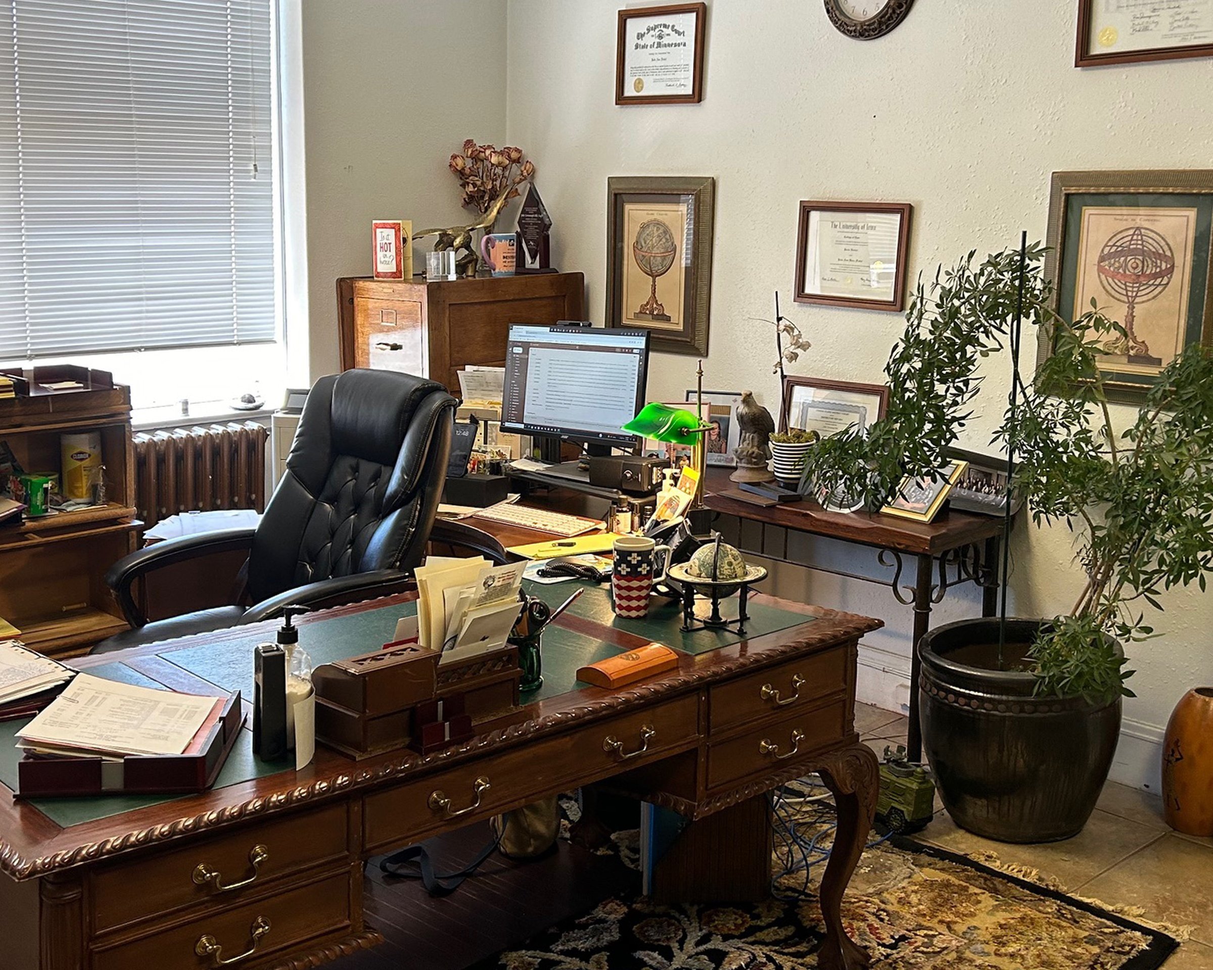 A decorated office in the Henderson Bank Building.