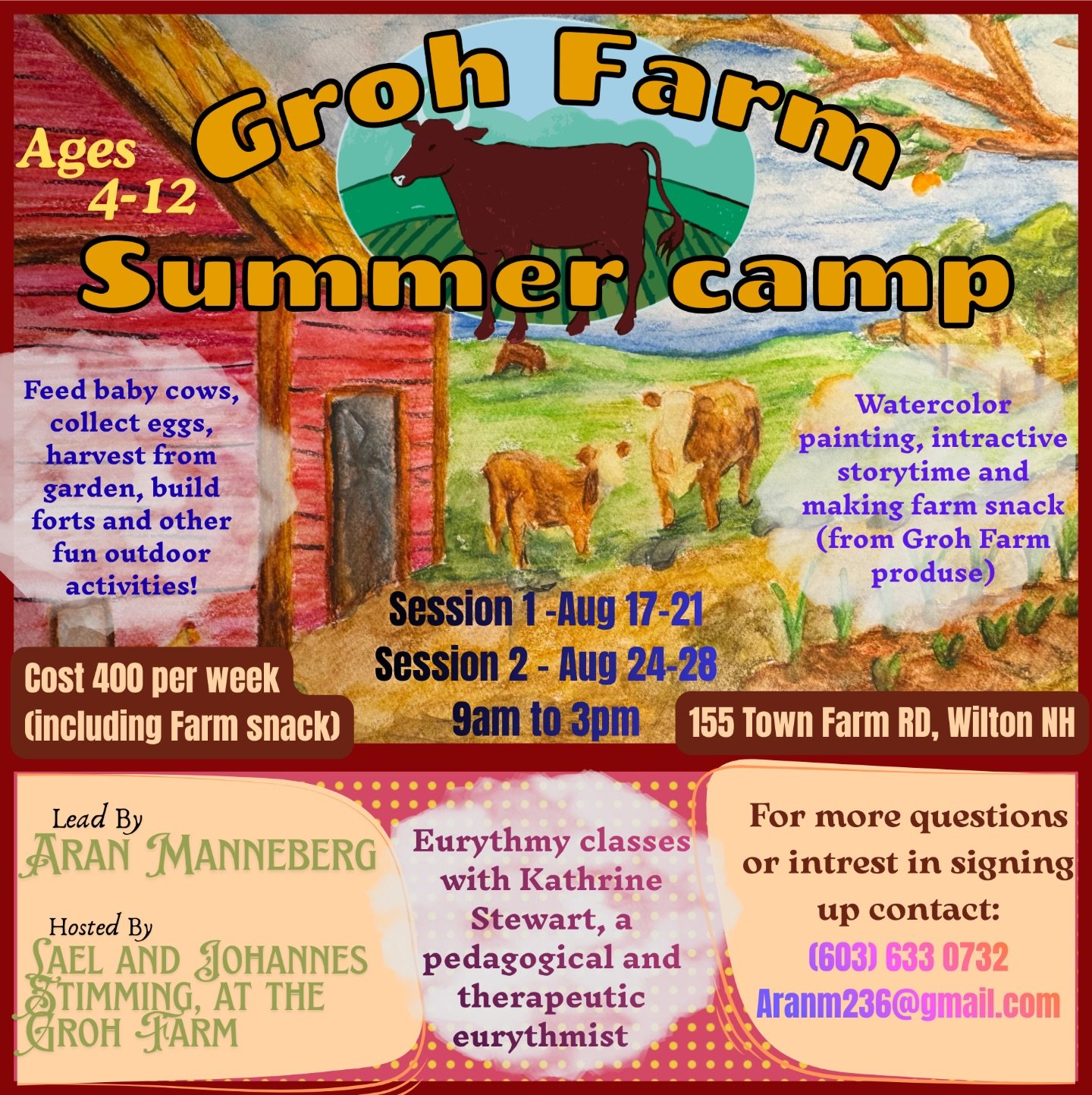 Groh Farm summer camp🌿

This camp will be a great opportunity for the children to explore farming and nature. We will spend most of our days outside connecting with the animals of the farm, and the plants and growing world🌿🌳
The children will get 