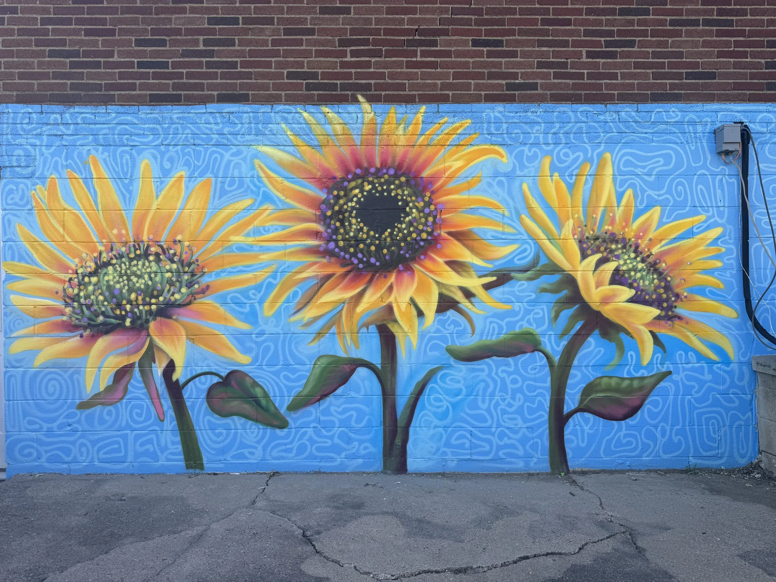 Colorful mural of sunflowers painted on a brick wall, with a visible electrical box and cable on the upper right side.